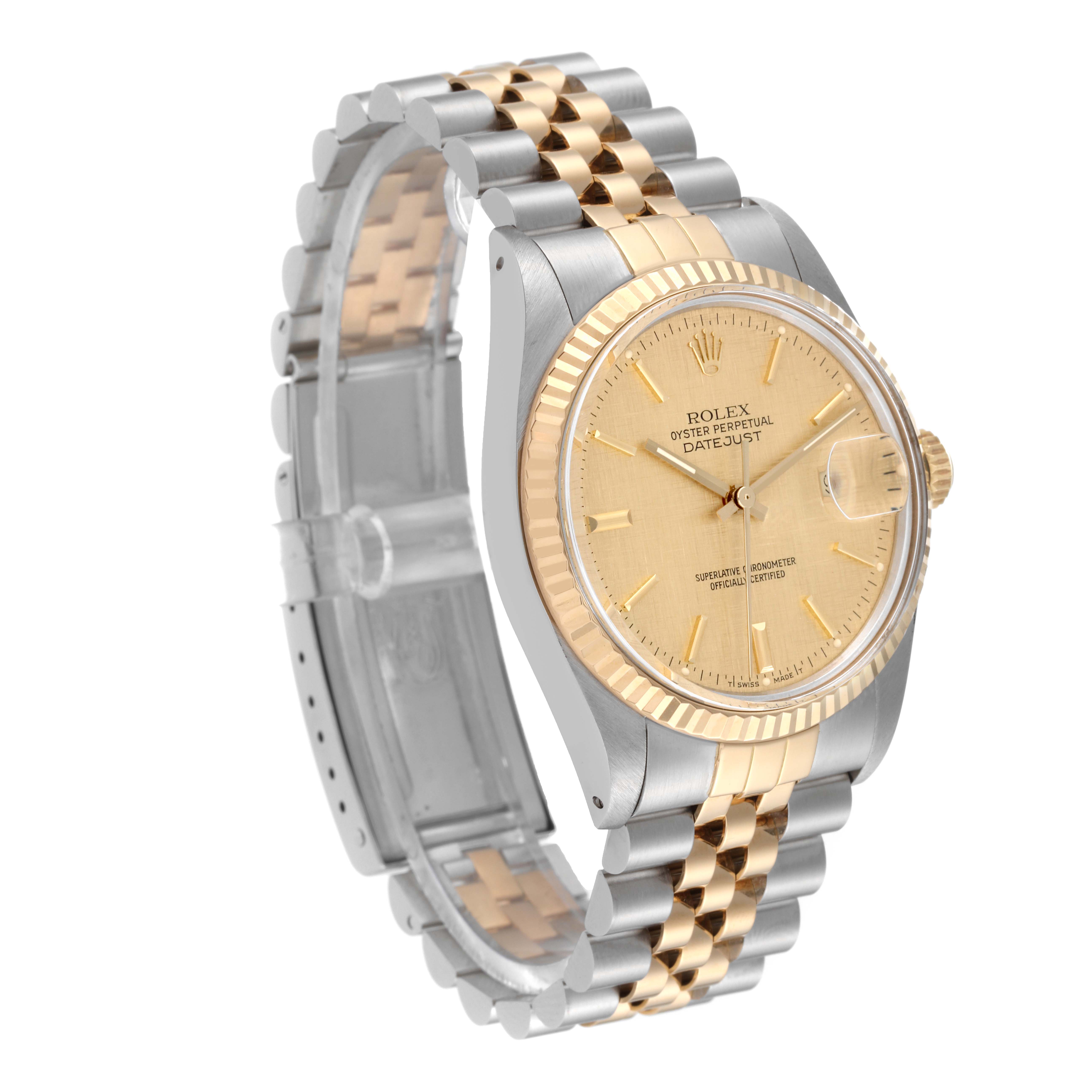 This Rolex Vintage Collection 16013 Men's Steel and Gold (two tone) Burgundy Dial 16013 Men's Steel and Gold (two tone) Burgundy Dial model watch is shown at a three-quarter angle, highlighting the gold dial, fluted bezel, and two-tone Jubilee bracelet.