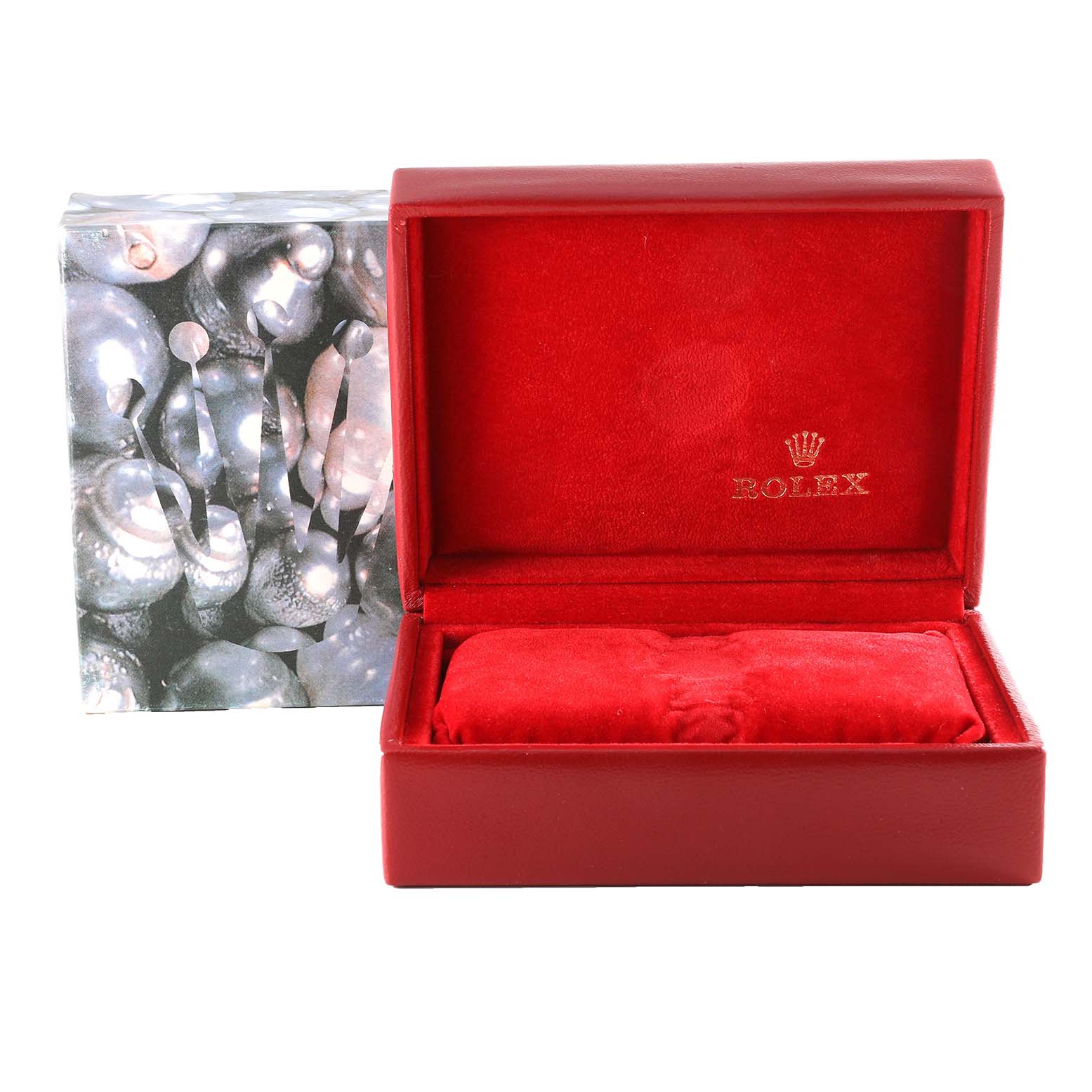 The image shows an open red Rolex Datejust 79173 Women's Steel and Gold (two tone) White Dial 79173 Women's Steel and Gold (two tone) White Dial watch box with a cushion and an outer decorative box.