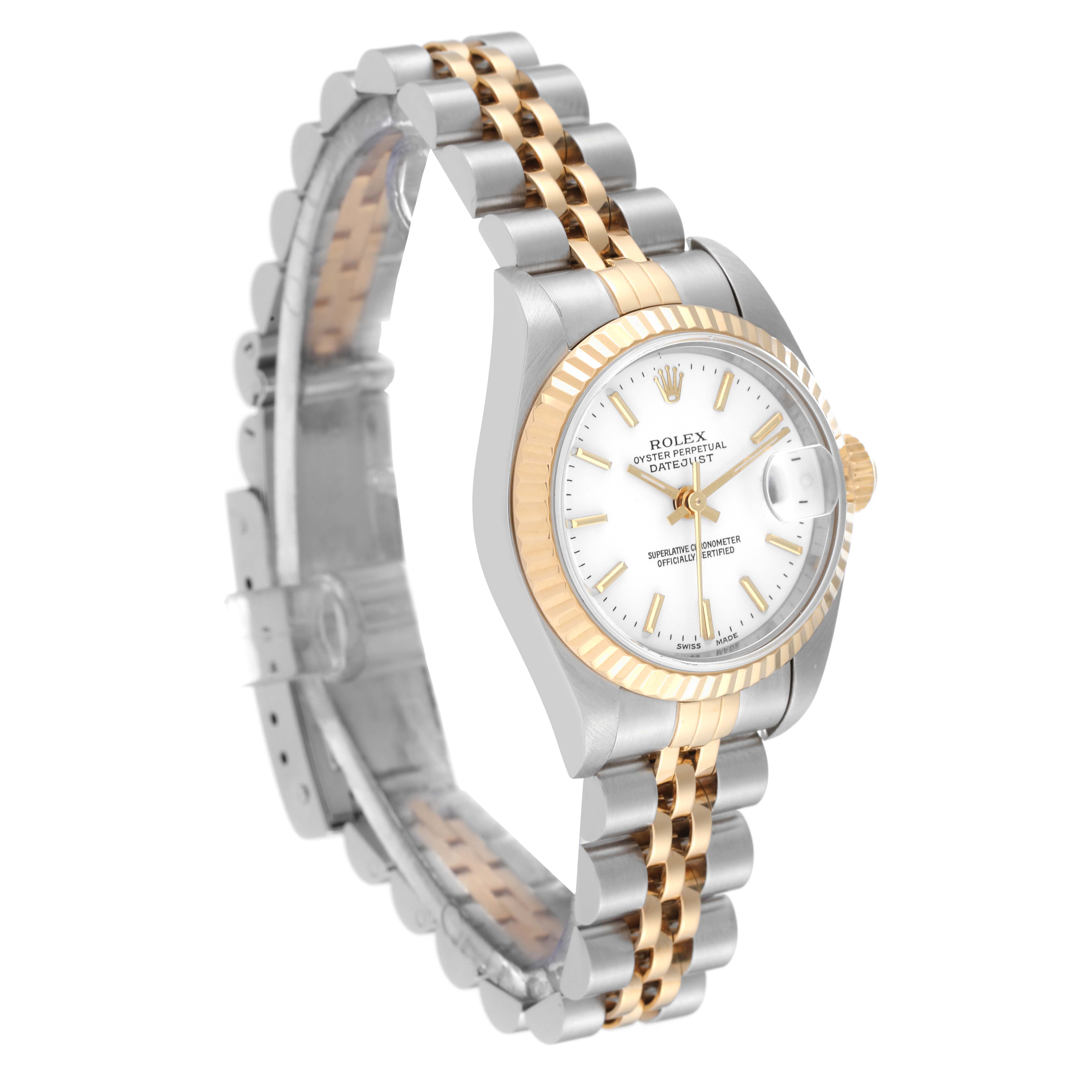 The photo shows a side angle of the Rolex Datejust 79173 Women's Steel and Gold (two tone) White Dial 79173 Women's Steel and Gold (two tone) White Dial watch, highlighting the face and two-tone bracelet.