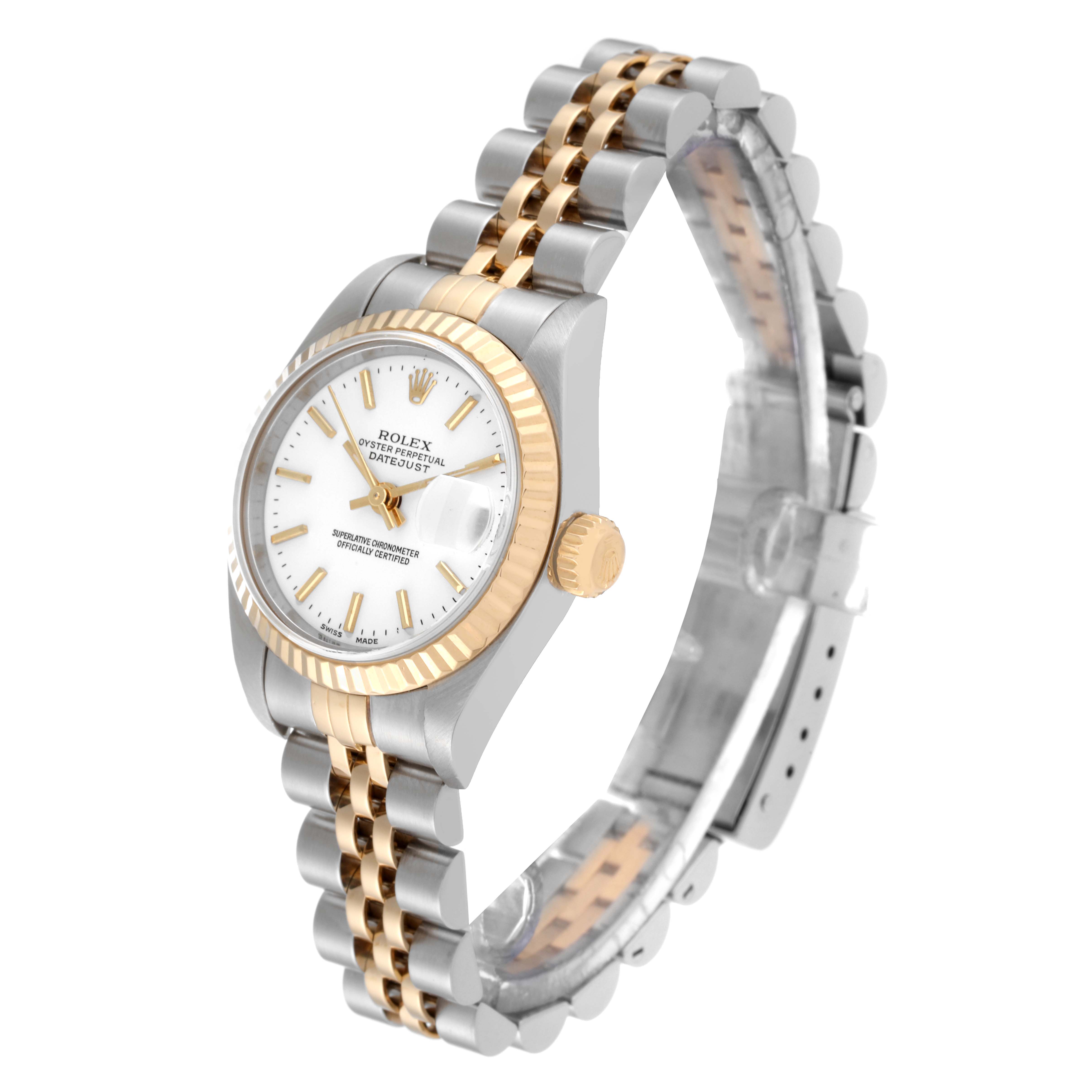 The Rolex Datejust 79173 Women's Steel and Gold (two tone) White Dial 79173 Women's Steel and Gold (two tone) White Dial watch is shown at a three-quarter angle, displaying its two-tone bracelet, crown, and face.