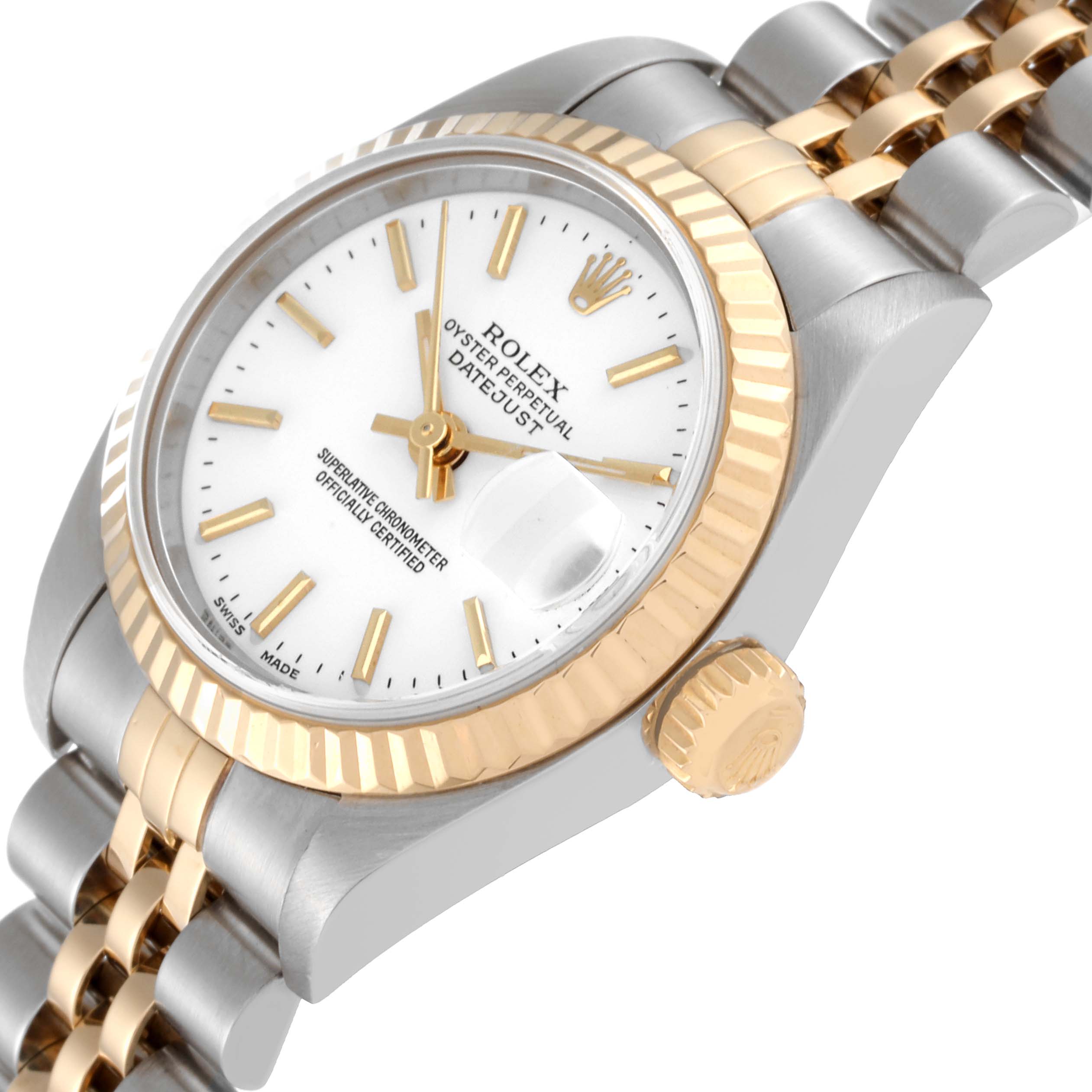 The image shows a close-up angle of the Rolex Datejust 79173 Women's Steel and Gold (two tone) White Dial 79173 Women's Steel and Gold (two tone) White Dial watch, focusing on the crown, dial, and part of the bracelet.