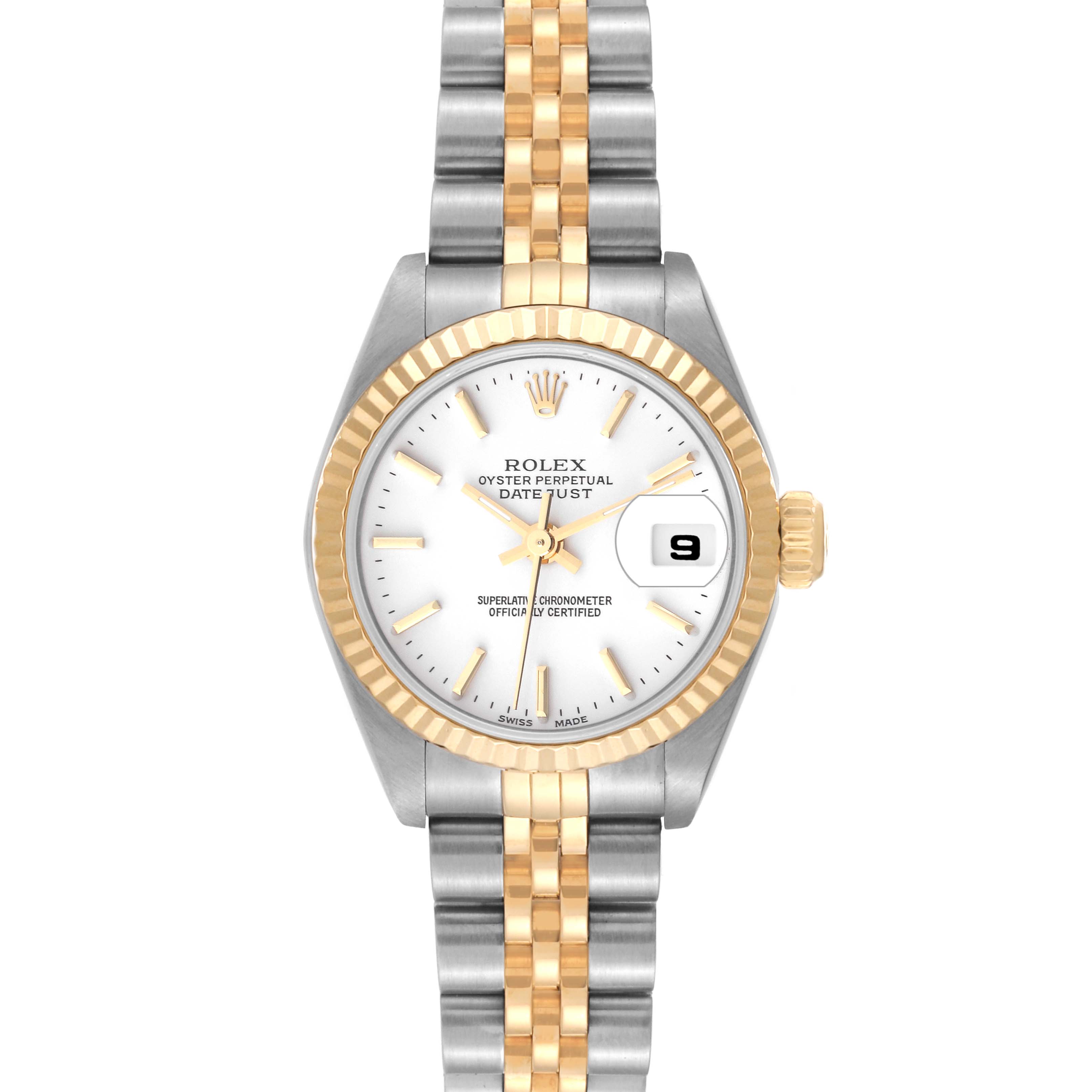 The image shows a frontal view of a Rolex Datejust 79173 Women's Steel and Gold (two tone) White Dial 79173 Women's Steel and Gold (two tone) White Dial watch, highlighting the face, bezel, and two-tone bracelet.