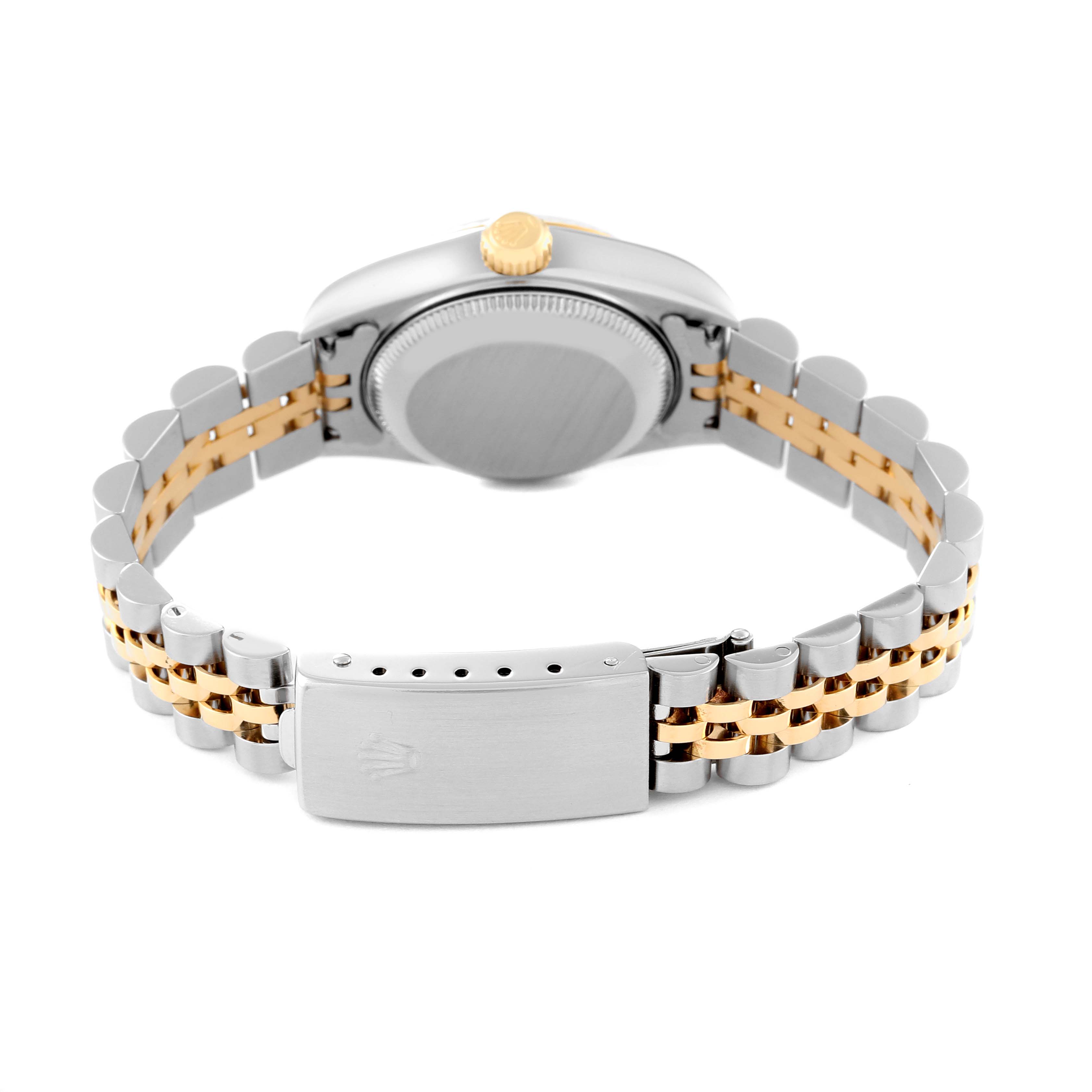 This image shows the back view of a Rolex Datejust 79173 Women's Steel and Gold (two tone) White Dial 79173 Women's Steel and Gold (two tone) White Dial watch, focusing on the clasp and bracelet.