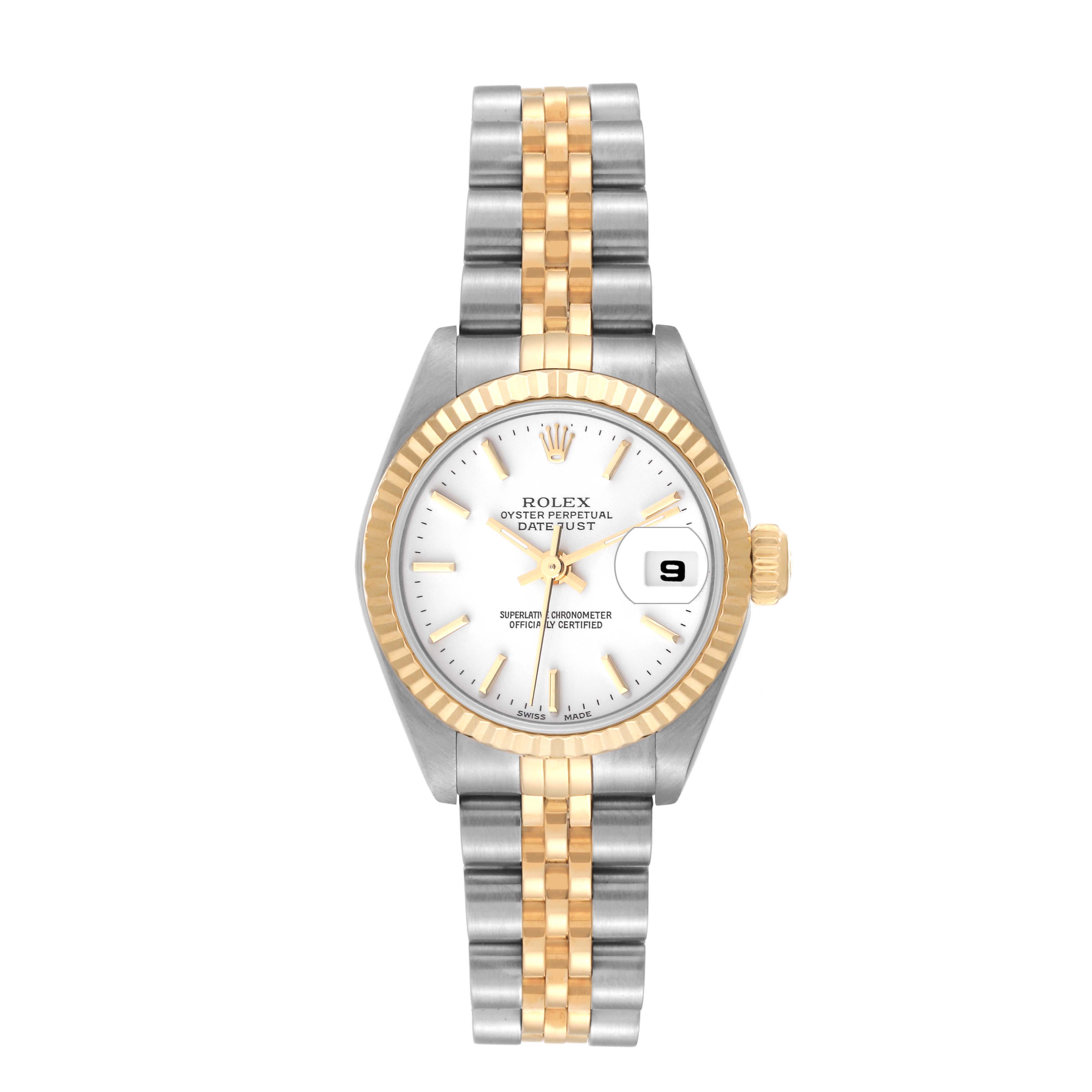 This image shows a Rolex Datejust 79173 Women's Steel and Gold (two tone) White Dial 79173 Women's Steel and Gold (two tone) White Dial watch from the front, highlighting its dial, bezel, and two-tone bracelet.