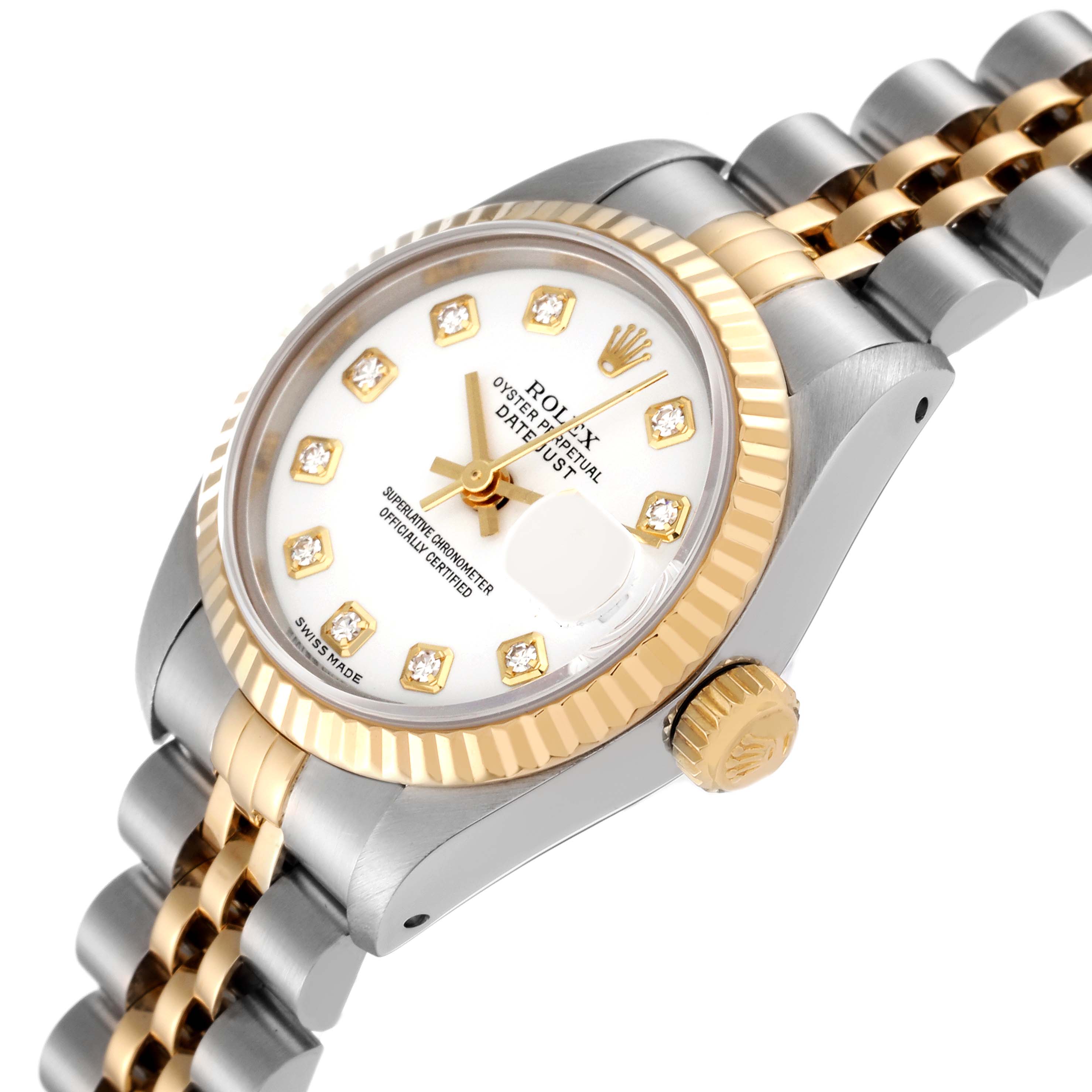 The Rolex Datejust 69173 Women's Steel and Gold (two tone) White Dial 69173 Women's Steel and Gold (two tone) White Dial watch is shown at an oblique angle, highlighting the dial, fluted bezel, bracelet, and crown.