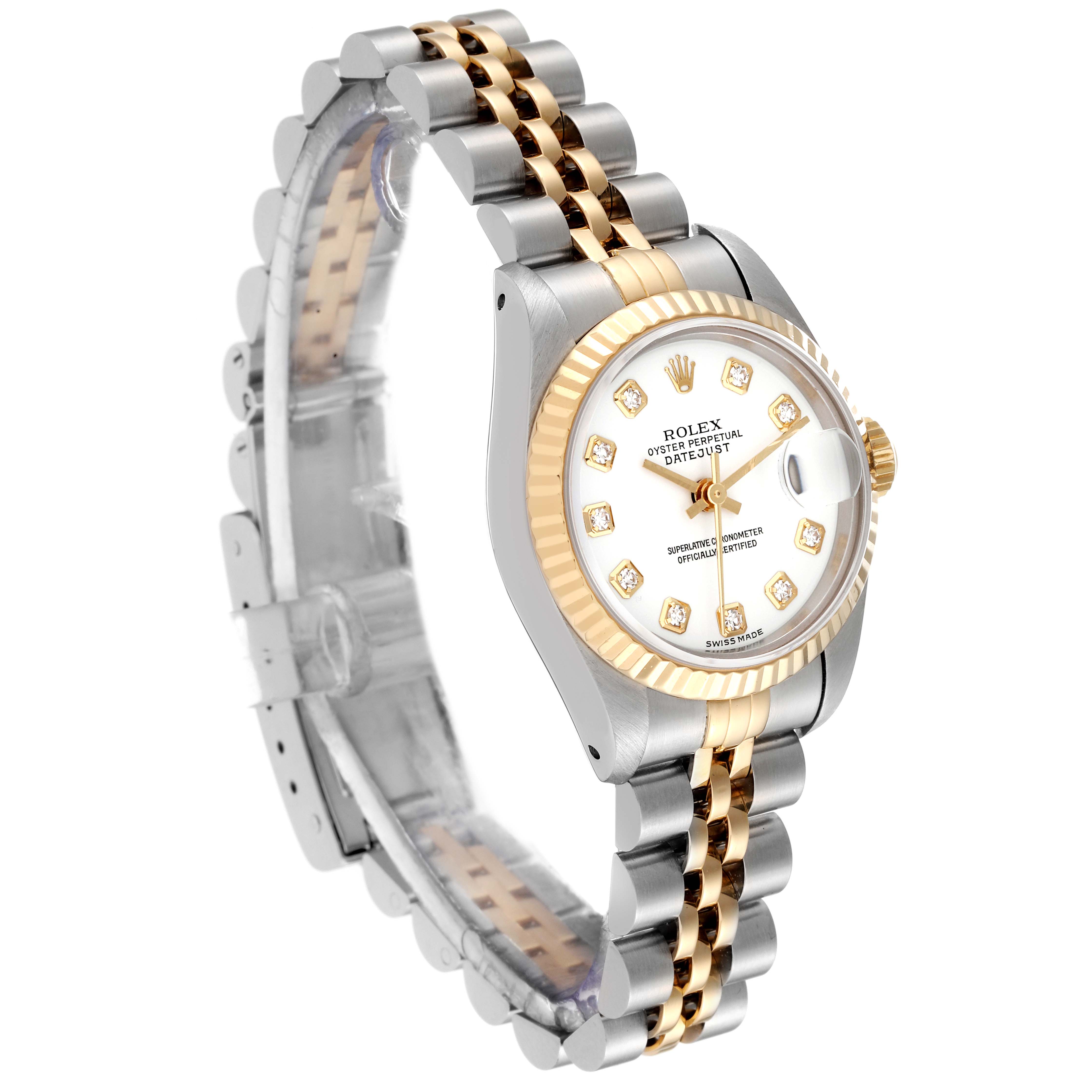 The Rolex Datejust 69173 Women's Steel and Gold (two tone) White Dial 69173 Women's Steel and Gold (two tone) White Dial watch is shown at a three-quarter angle, featuring its face, bezel, and metal bracelet.