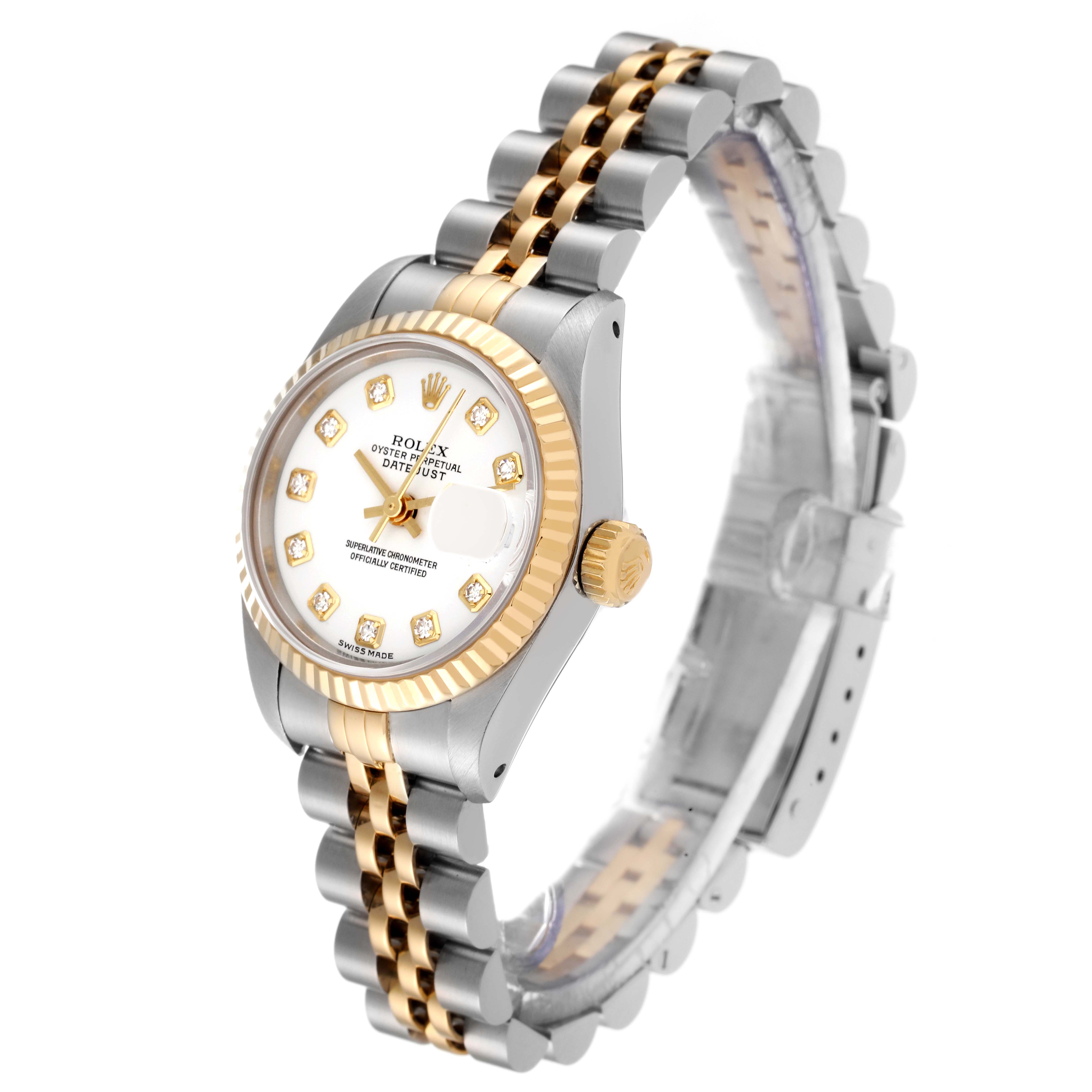 The image shows a side-front angle of a Rolex Datejust 69173 Women's Steel and Gold (two tone) White Dial 69173 Women's Steel and Gold (two tone) White Dial watch, displaying its dial, bezel, crown, and two-tone bracelet.