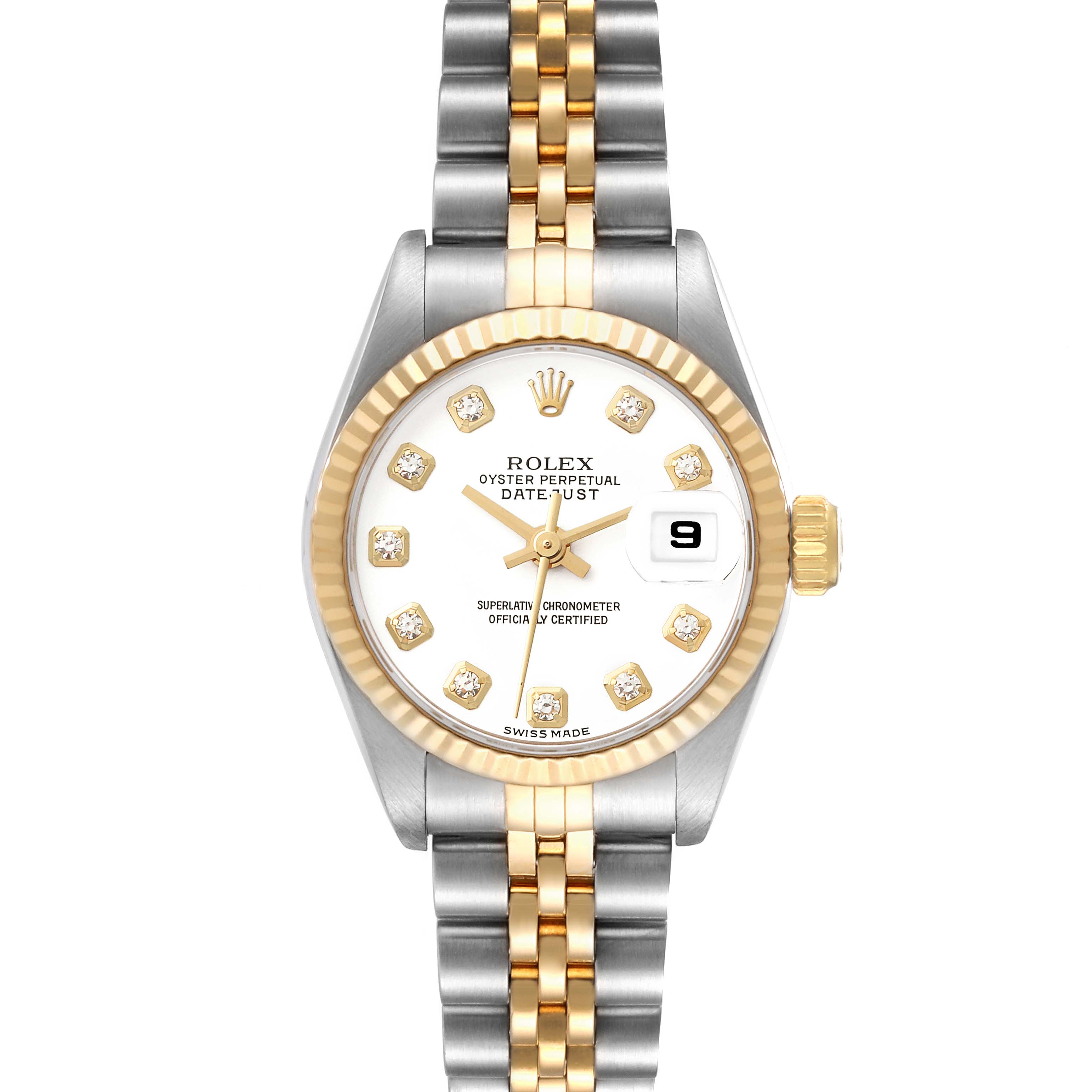 The image shows a front view of the Rolex Datejust 69173 Women's Steel and Gold (two tone) White Dial 69173 Women's Steel and Gold (two tone) White Dial watch, highlighting its dial, bezel, and two-tone bracelet.