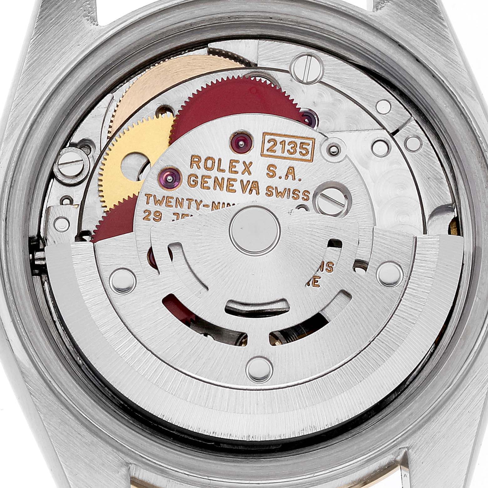 This image shows the back view of a Rolex Datejust 69173 Women's Steel and Gold (two tone) White Dial 69173 Women's Steel and Gold (two tone) White Dial watch, highlighting its internal movement mechanism.