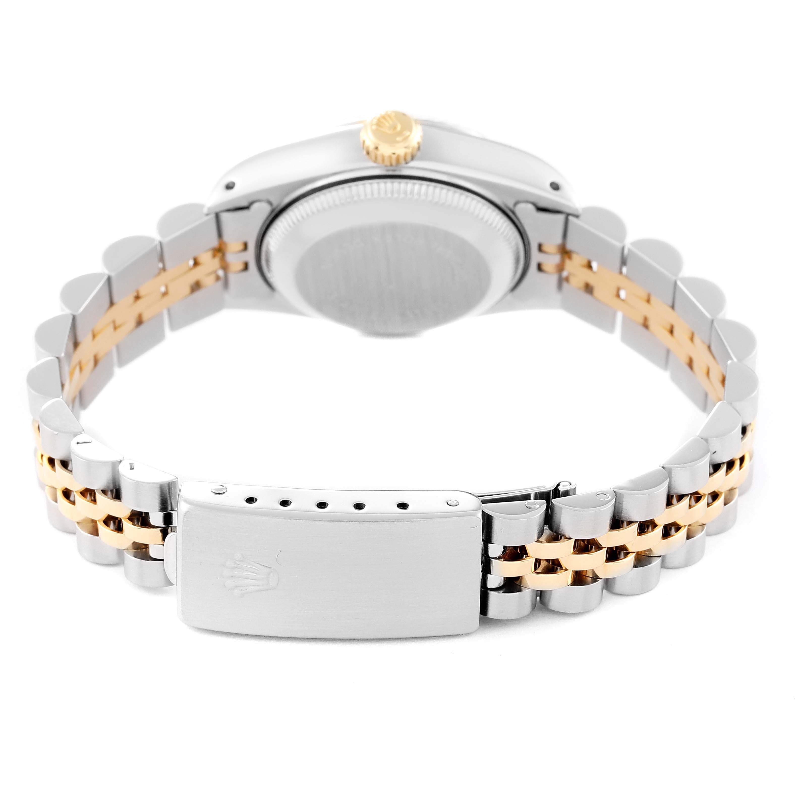 This image shows the back view of a Rolex Datejust 69173 Women's Steel and Gold (two tone) White Dial 69173 Women's Steel and Gold (two tone) White Dial watch, highlighting the clasp, bracelet, and caseback.