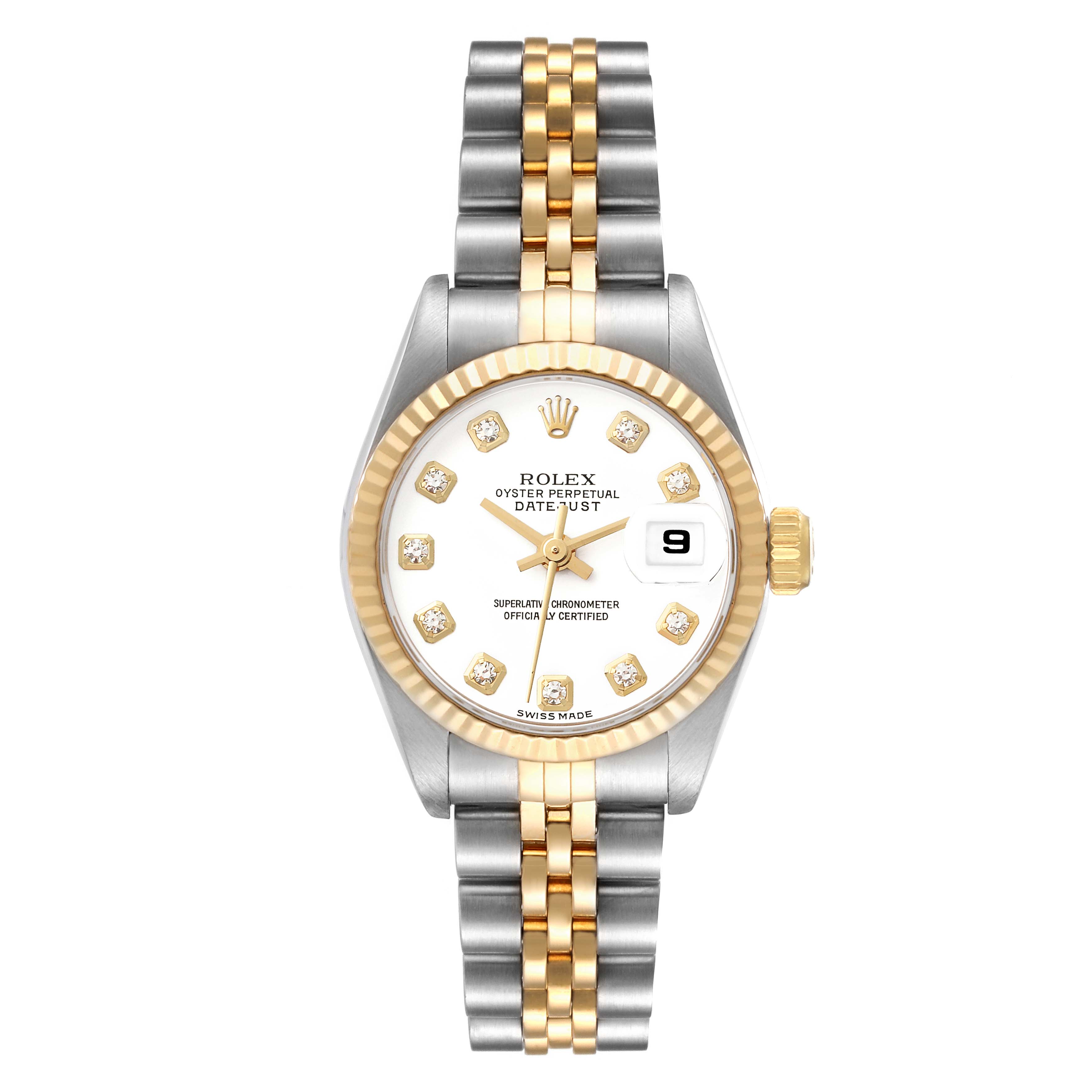 This image shows the front view of a Rolex Datejust 69173 Women's Steel and Gold (two tone) White Dial 69173 Women's Steel and Gold (two tone) White Dial, featuring its dial, bezel, and two-tone bracelet.