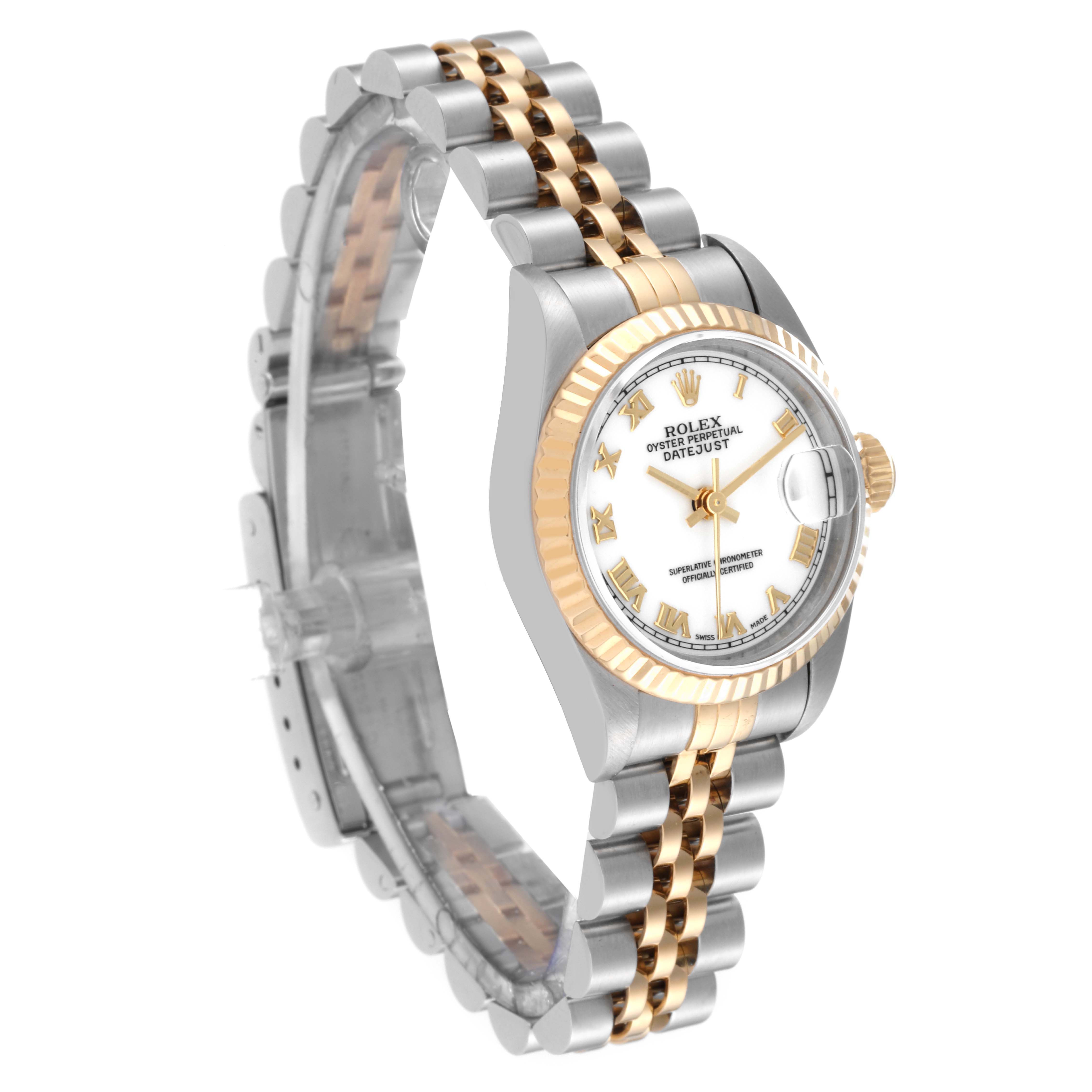 The image shows a Rolex Datejust 69173 Women's Steel and Gold (two tone) White Dial 69173 Women's Steel and Gold (two tone) White Dial watch at a three-quarter angle, displaying its white dial, two-tone bracelet, and fluted bezel.