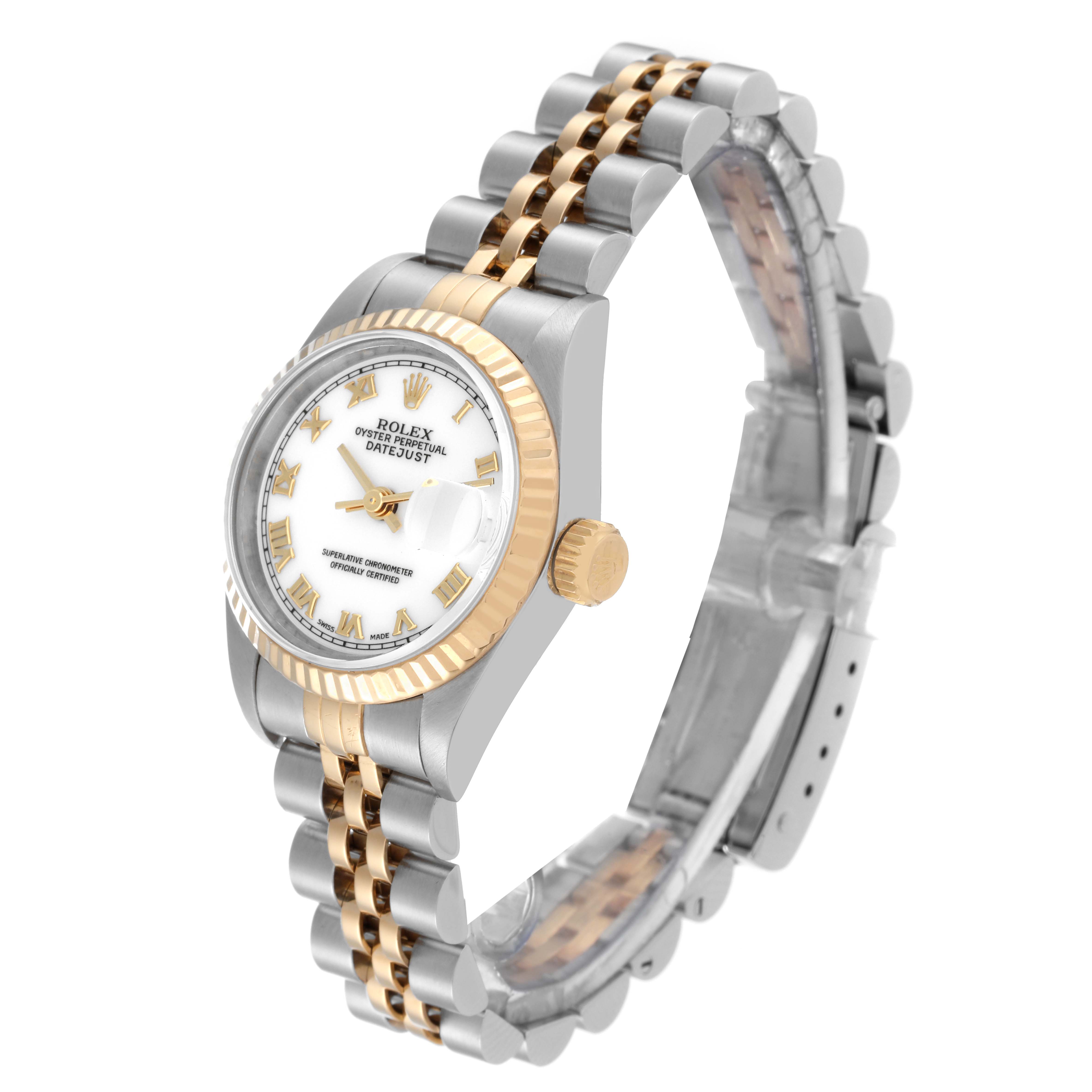 The image shows a Rolex Datejust 69173 Women's Steel and Gold (two tone) White Dial 69173 Women's Steel and Gold (two tone) White Dial watch at a three-quarter angle, featuring the dial, bezel, crown, and bracelet.