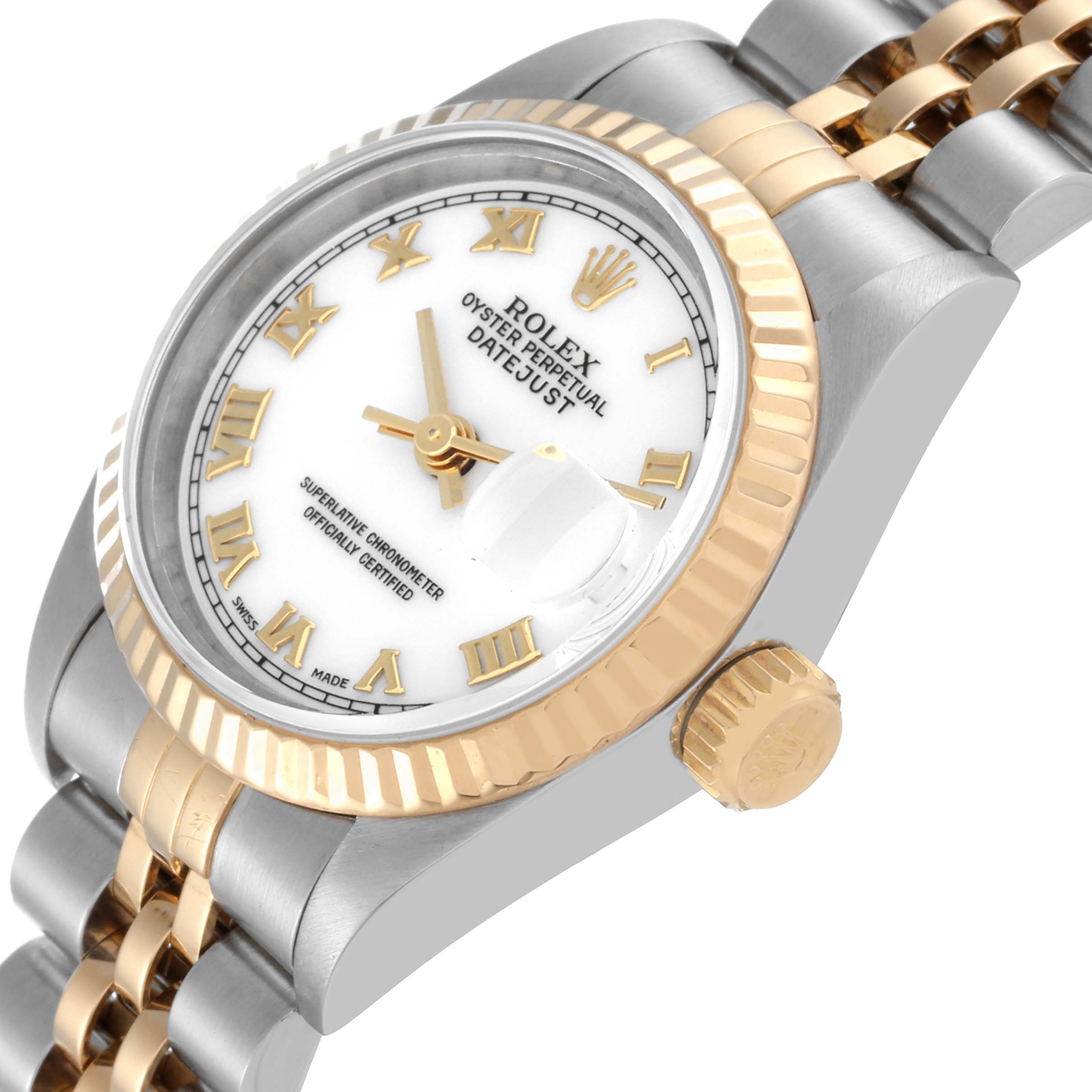 This image shows a close-up angle of a Rolex Datejust 69173 Women's Steel and Gold (two tone) White Dial 69173 Women's Steel and Gold (two tone) White Dial showing the dial, crown, bezel, and part of the bracelet.