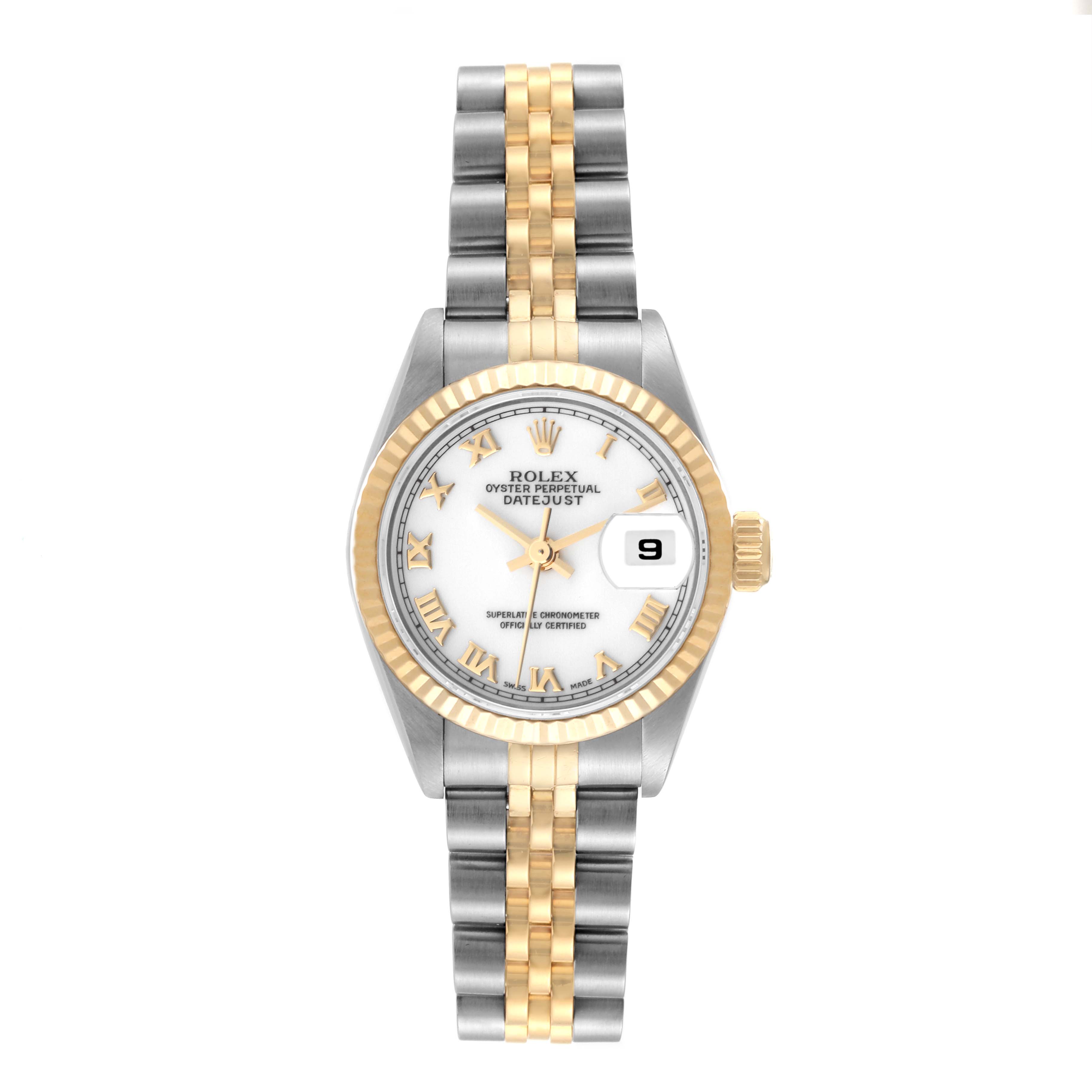 The Rolex Datejust 69173 Women's Steel and Gold (two tone) White Dial 69173 Women's Steel and Gold (two tone) White Dial model watch is shown at a front angle, displaying the dial, bezel, crown, and bracelet.