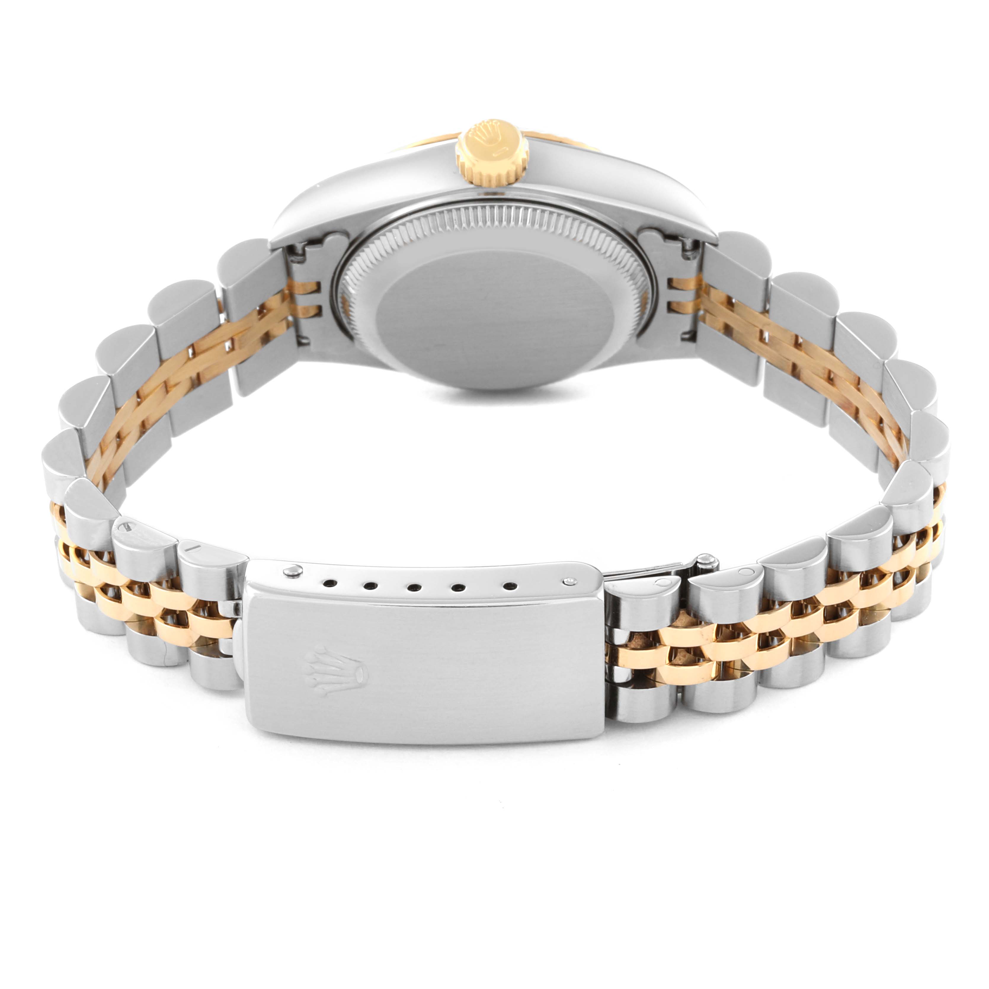 The image shows the back view of a Rolex Datejust 69173 Women's Steel and Gold (two tone) White Dial 69173 Women's Steel and Gold (two tone) White Dial watch, prominently displaying its bracelet and clasp.
