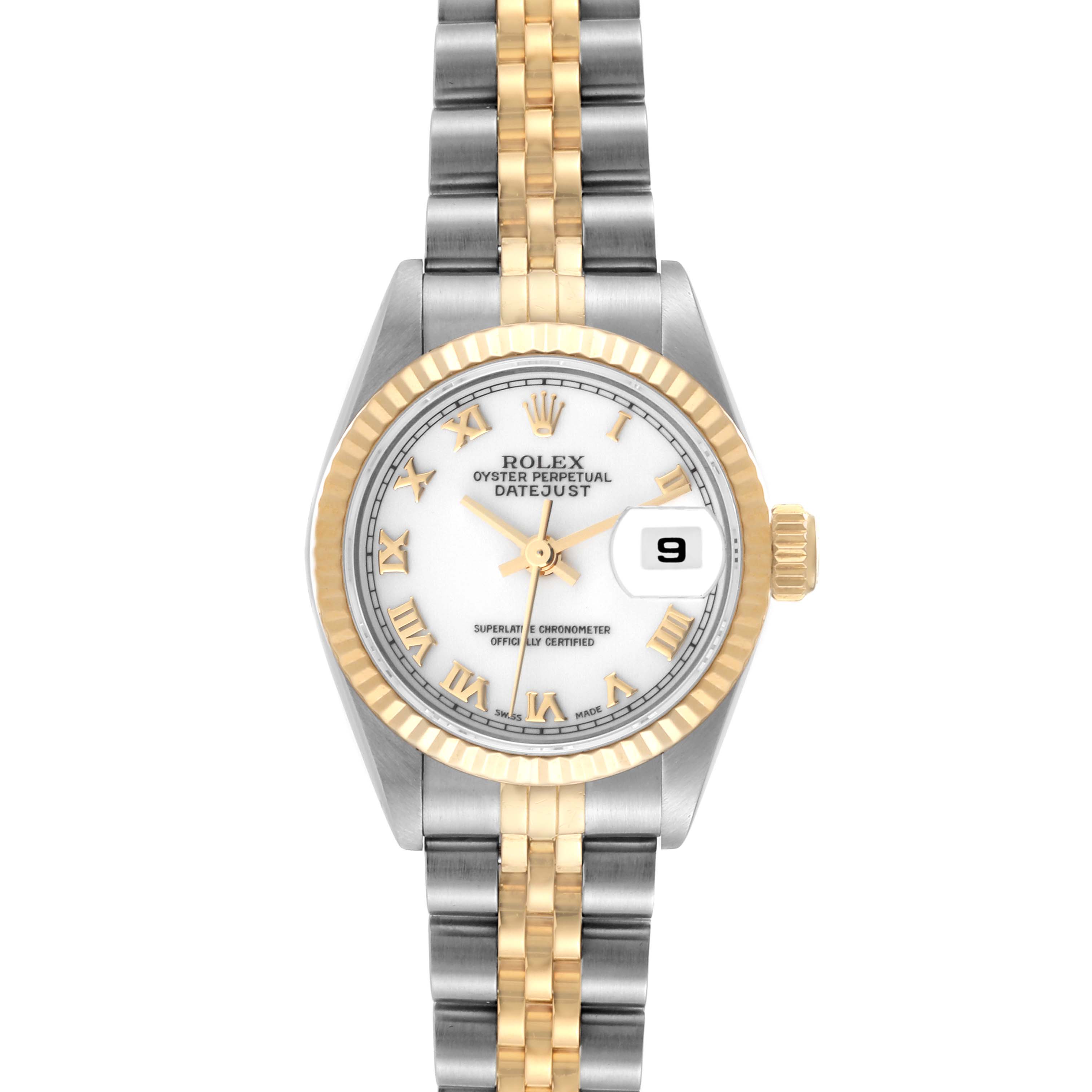The image shows a front view of a Rolex Datejust 69173 Women's Steel and Gold (two tone) White Dial 69173 Women's Steel and Gold (two tone) White Dial watch, highlighting its two-tone band, fluted bezel, and white dial with Roman numerals.