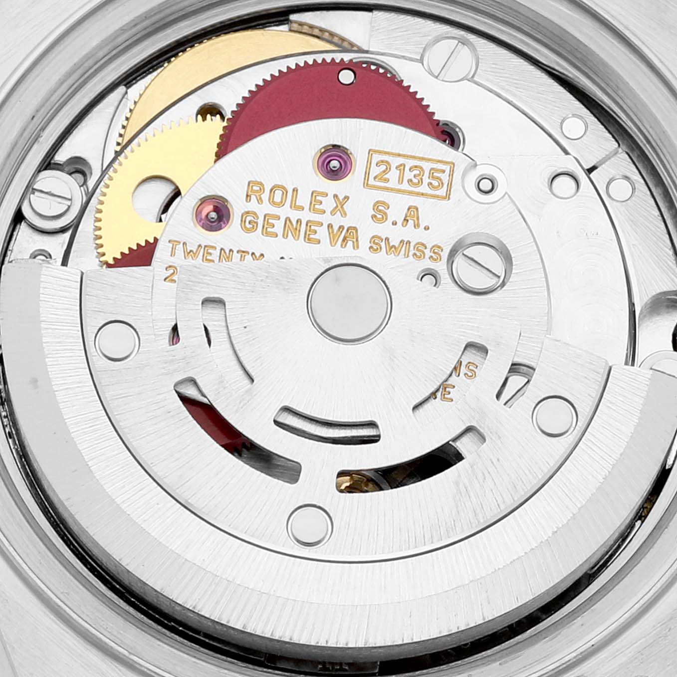 This is a close-up view of the internal movement of the Rolex Datejust 69173 Women's Steel and Gold (two tone) White Dial 69173 Women's Steel and Gold (two tone) White Dial watch, focusing on the mechanical components.