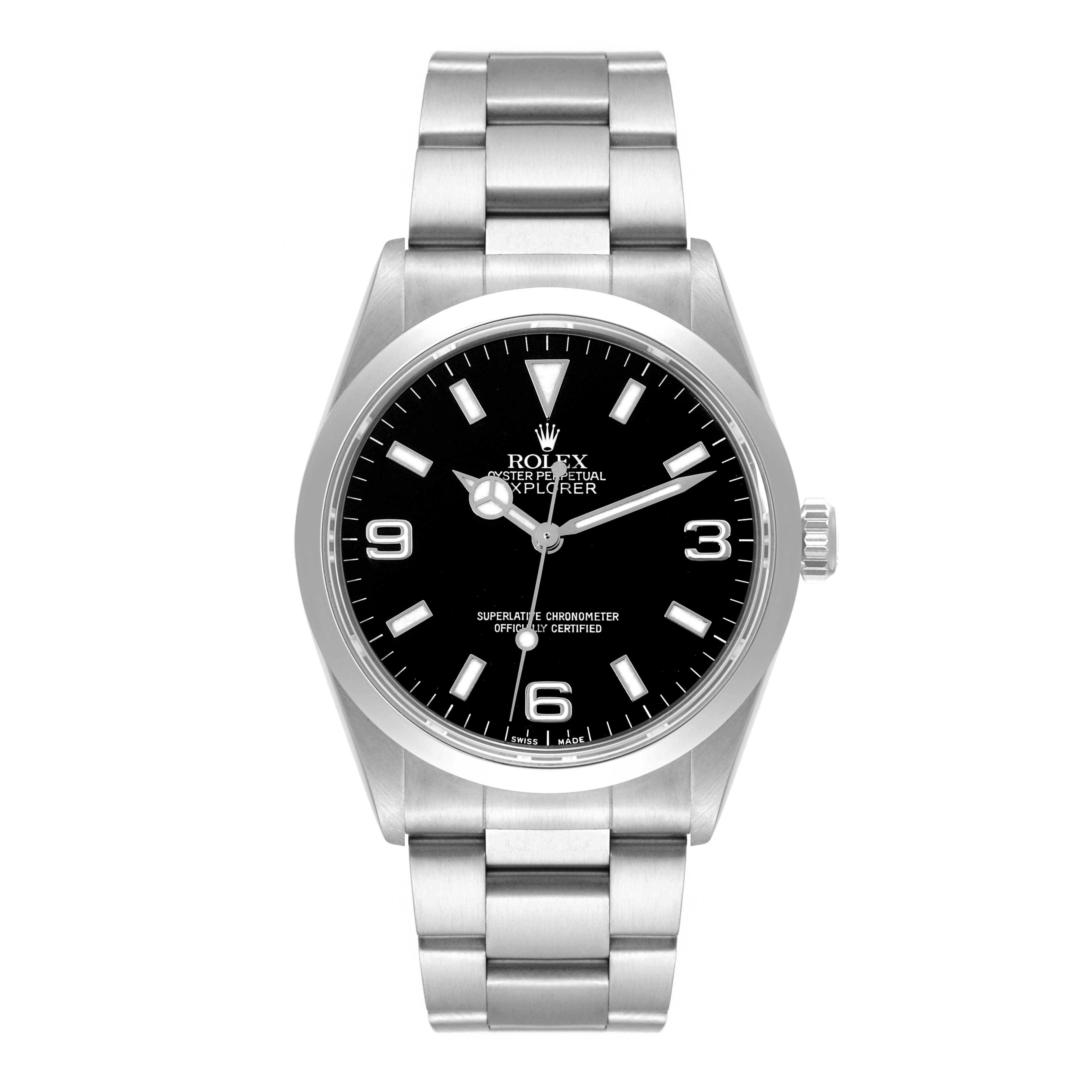 The Rolex Explorer 14270 Men
s Stainless Steel Black Dial 14270 Men
s Stainless Steel Black Dial watch is shown from a front angle, displaying the dial, case, bezel, and bracelet.