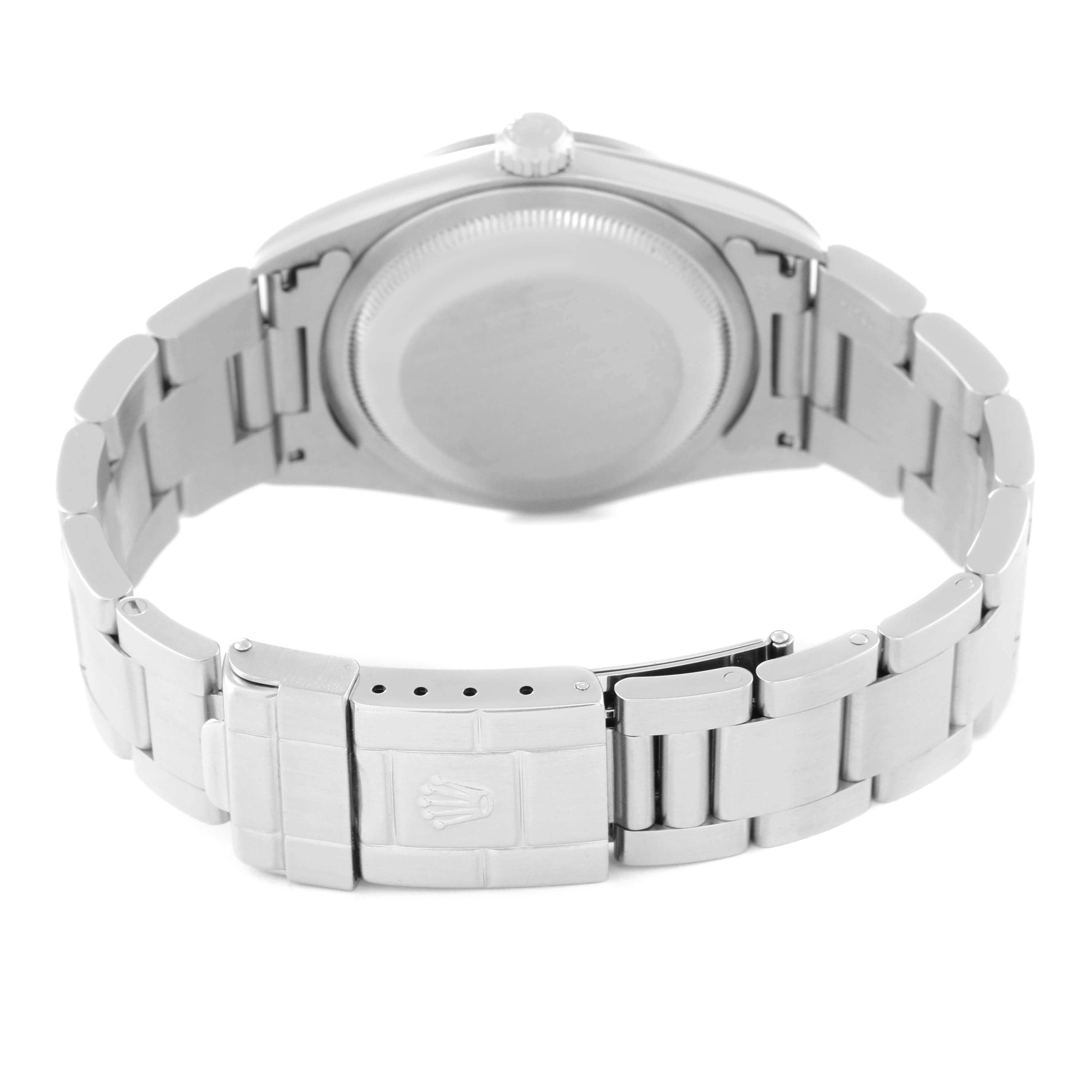 This image shows the back and clasp of the Rolex Explorer 14270 Men
s Stainless Steel Black Dial 14270 Men
s Stainless Steel Black Dial watch, highlighting the bracelet and closed case back.