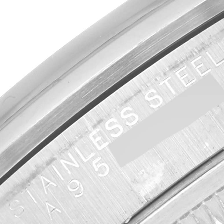 The image shows a close-up of the stainless steel case back of the Rolex Explorer 14270 Men
s Stainless Steel Black Dial 14270 Men
s Stainless Steel Black Dial watch.