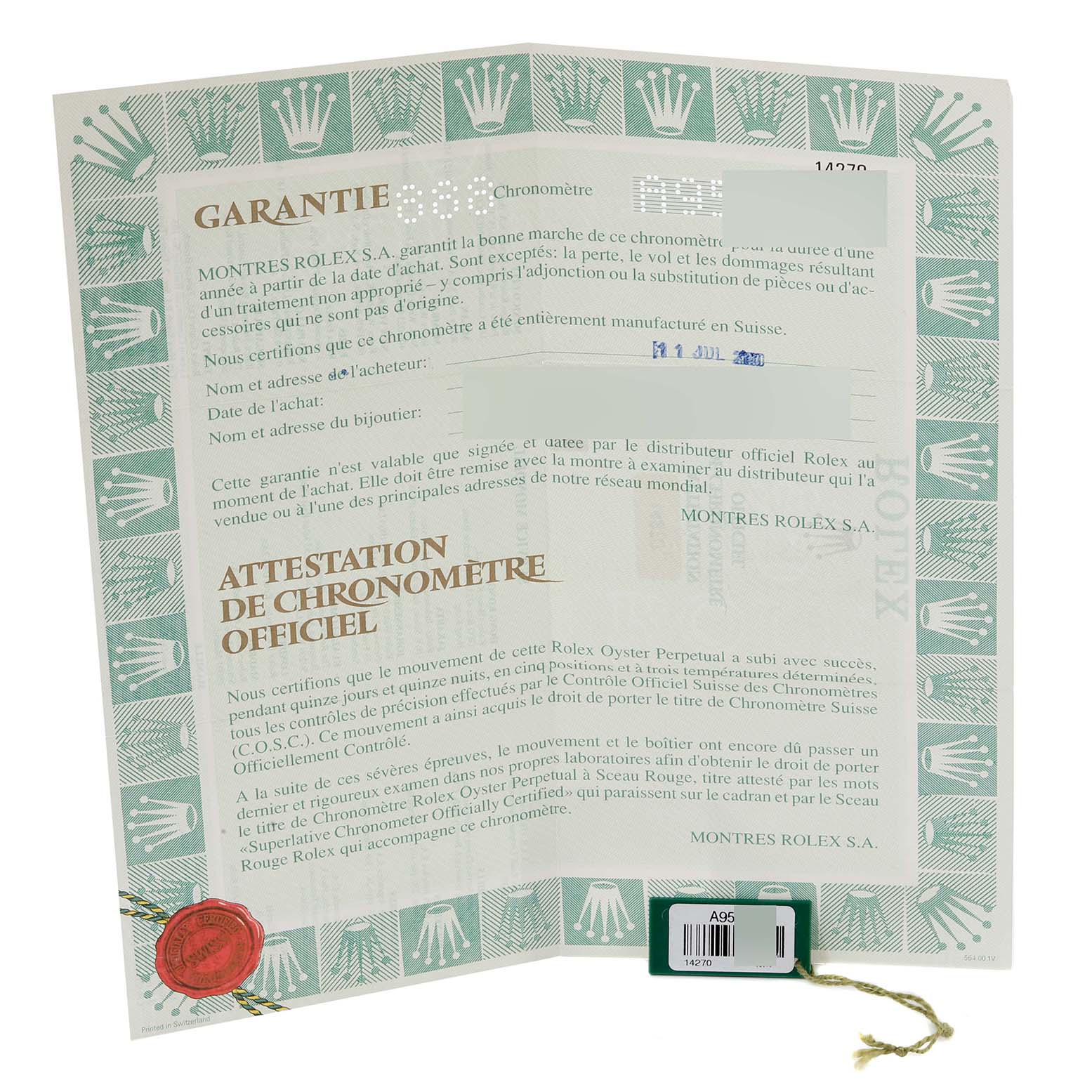 The image shows a Rolex Explorer 14270 Men
s Stainless Steel Black Dial 14270 Men
s Stainless Steel Black Dial warranty card and chronometer certificate from an overhead angle.