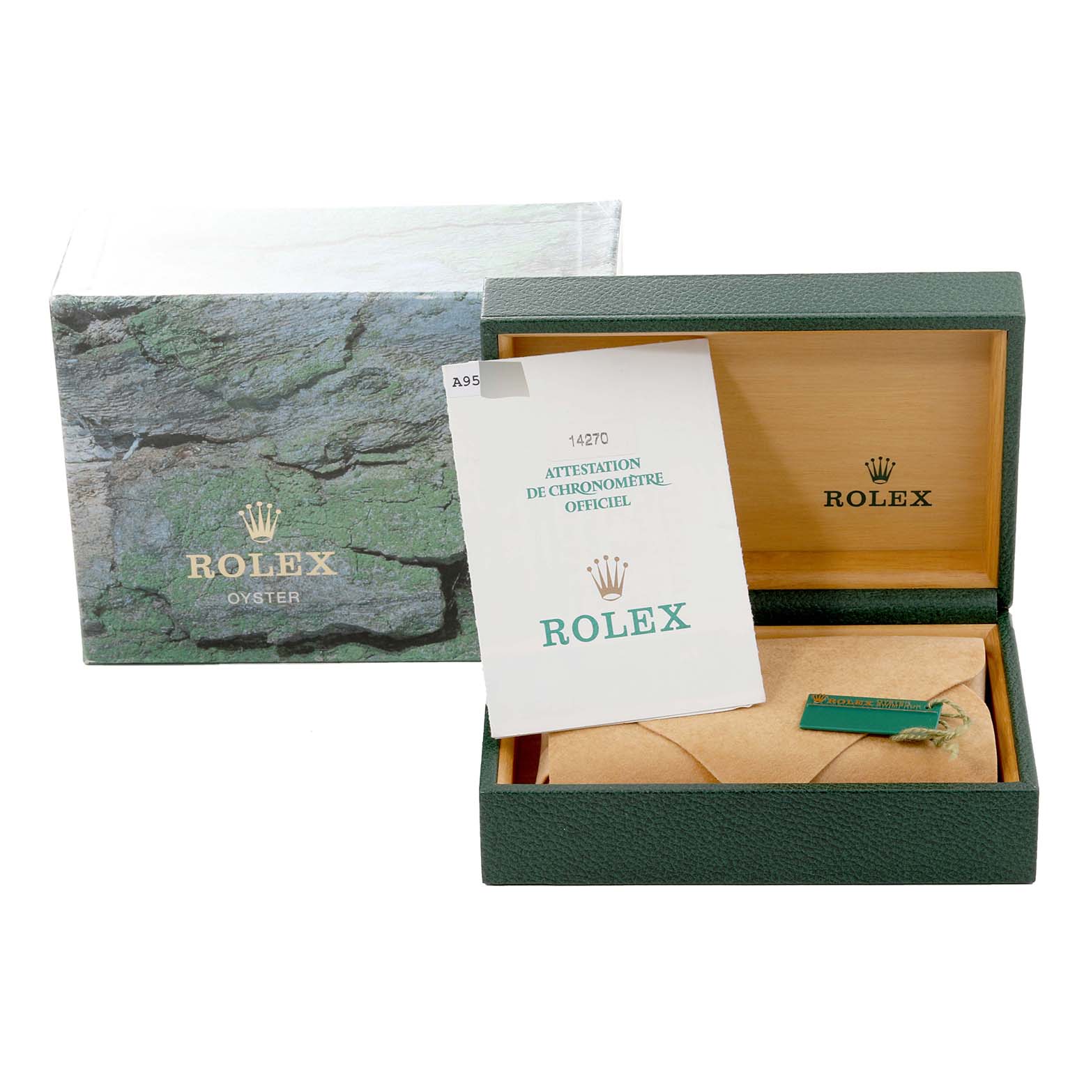 The image shows the packaging of a Rolex Explorer 14270 Men
s Stainless Steel Black Dial 14270 Men
s Stainless Steel Black Dial watch, including the outer box, inner box, and official certification papers.