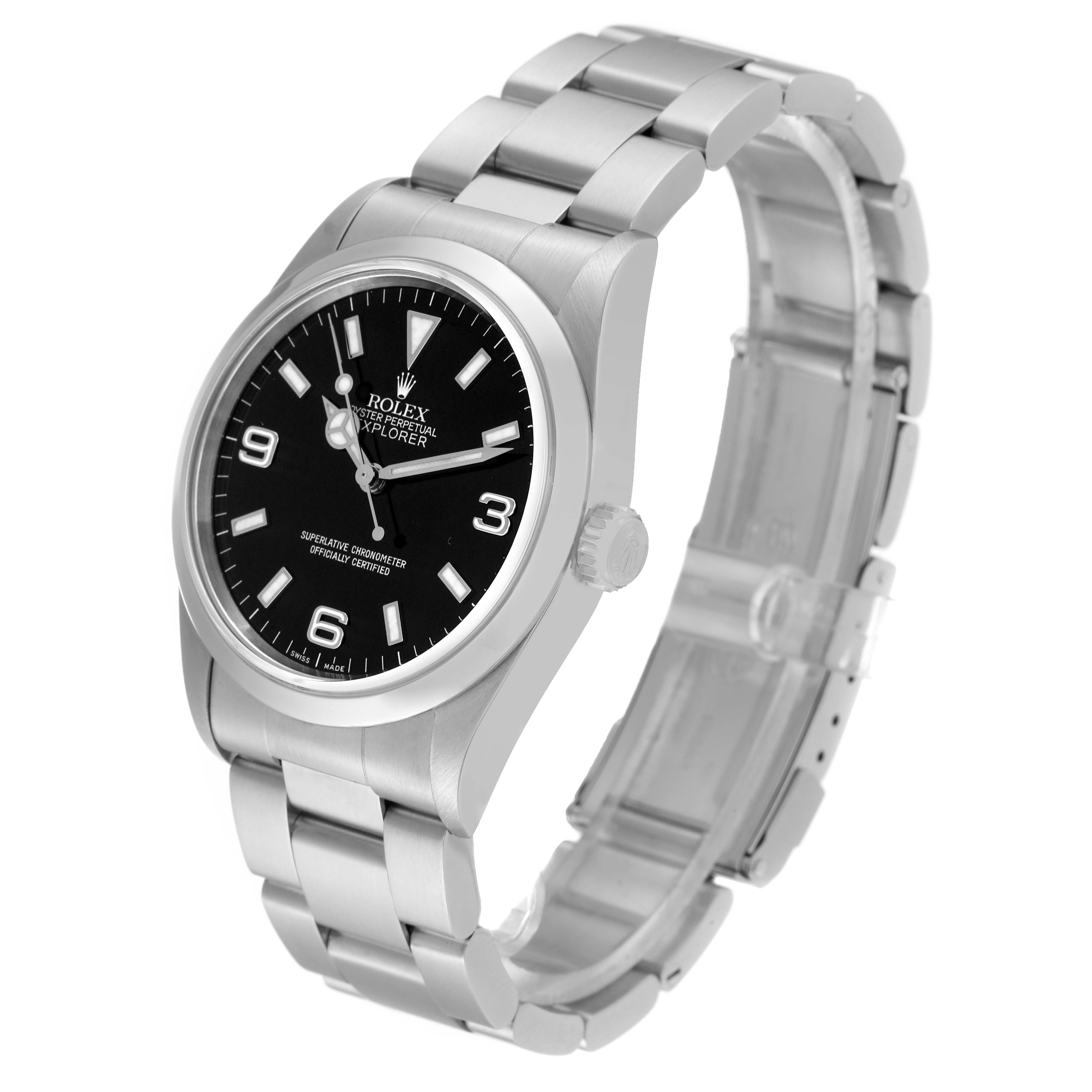 The image shows a side angle of a Rolex Explorer 14270 Men
s Stainless Steel Black Dial 14270 Men
s Stainless Steel Black Dial watch, displaying its face, bezel, crown, and bracelet.