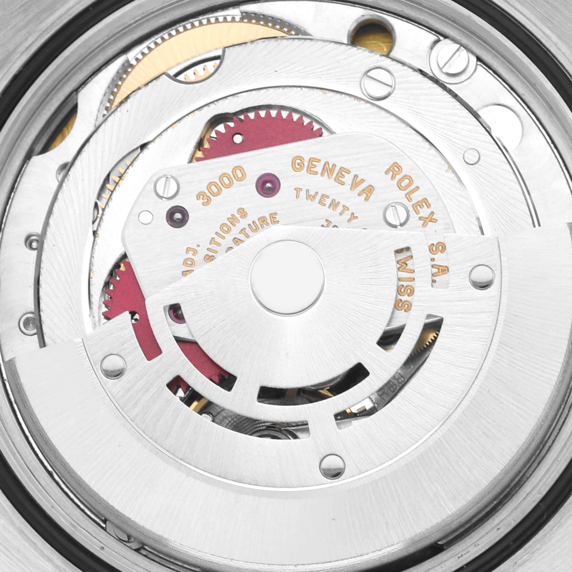 This image shows a close-up of the movement mechanism inside a Rolex Explorer 14270 Men
s Stainless Steel Black Dial 14270 Men
s Stainless Steel Black Dial watch.