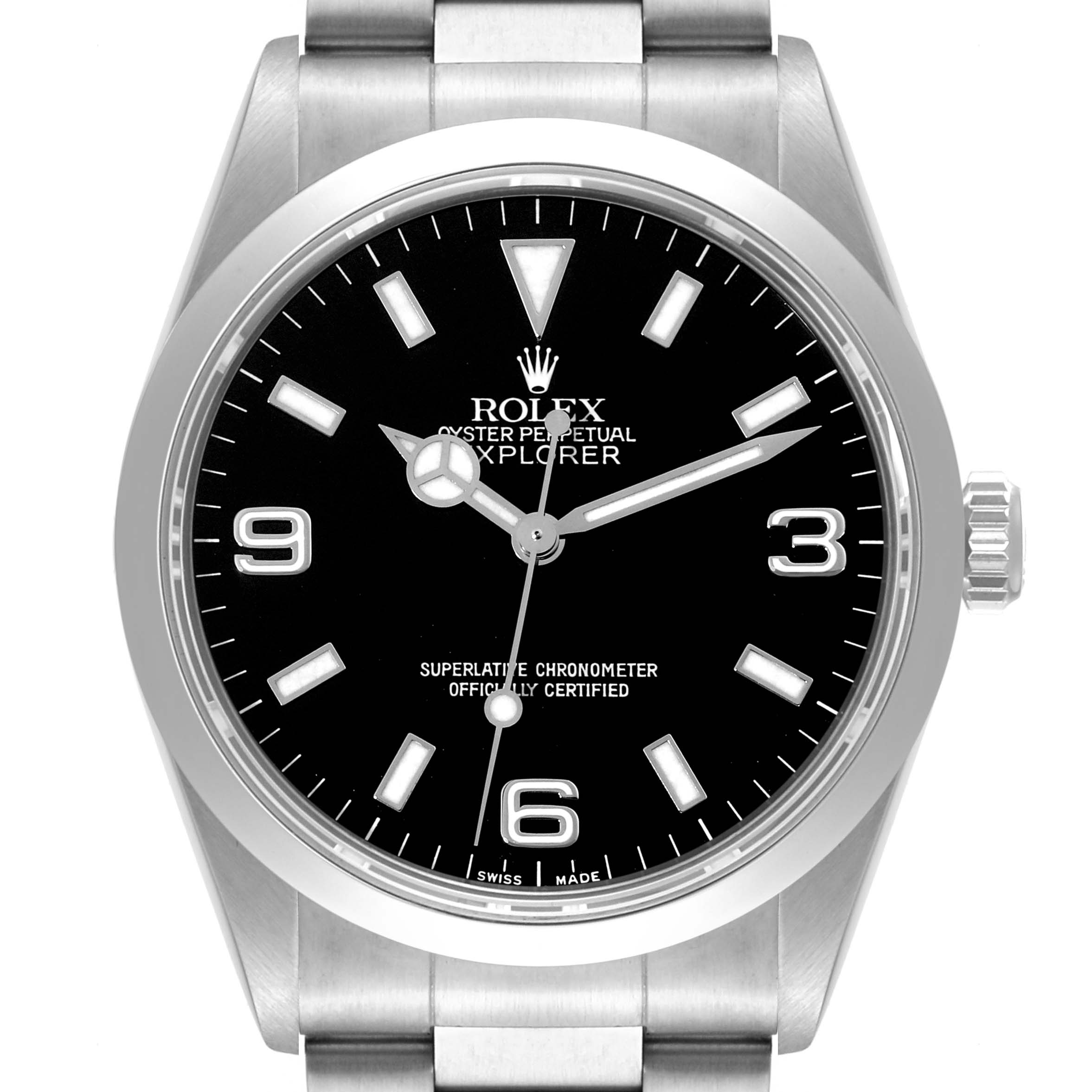 This image shows a front view of the Rolex Explorer 14270 Men
s Stainless Steel Black Dial 14270 Men
s Stainless Steel Black Dial watch, highlighting its black dial, hour markers, and stainless steel bracelet.