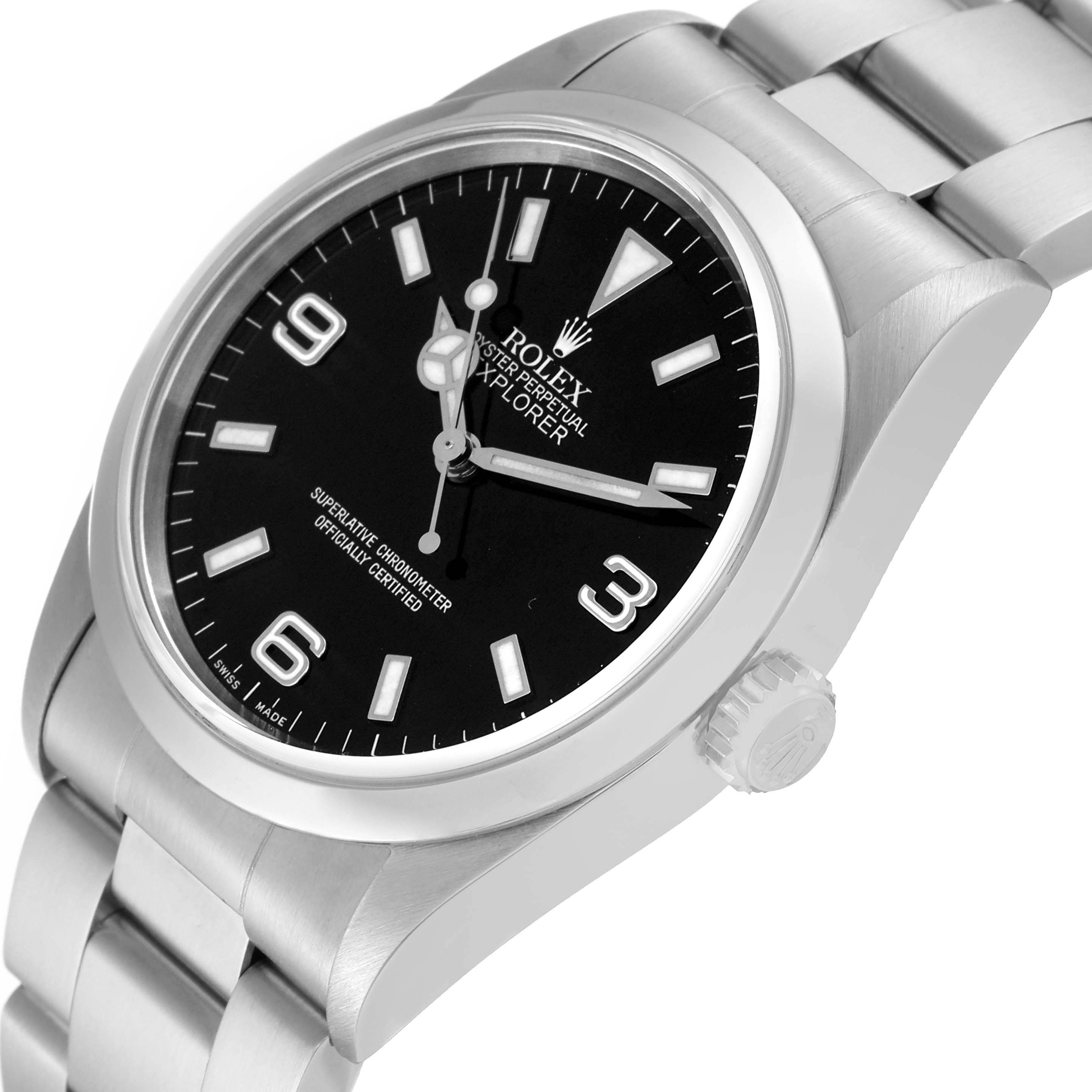 The image shows a Rolex Explorer 14270 Men
s Stainless Steel Black Dial 14270 Men
s Stainless Steel Black Dial watch at an angled side view, highlighting the dial, bezel, crown, and part of the bracelet.