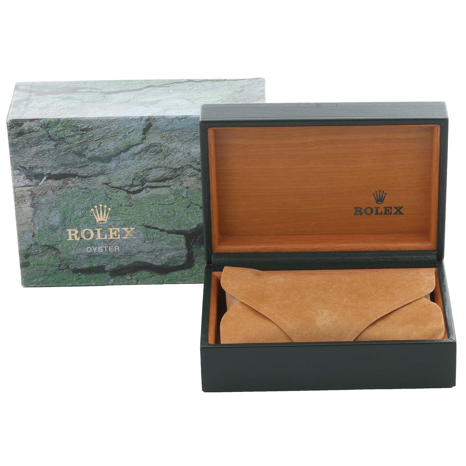 The image shows a Rolex Explorer 16570 Men's Stainless Steel White Dial 16570 Men's Stainless Steel White Dial watch box at an angle that displays the outer box and an open wooden inner box.
