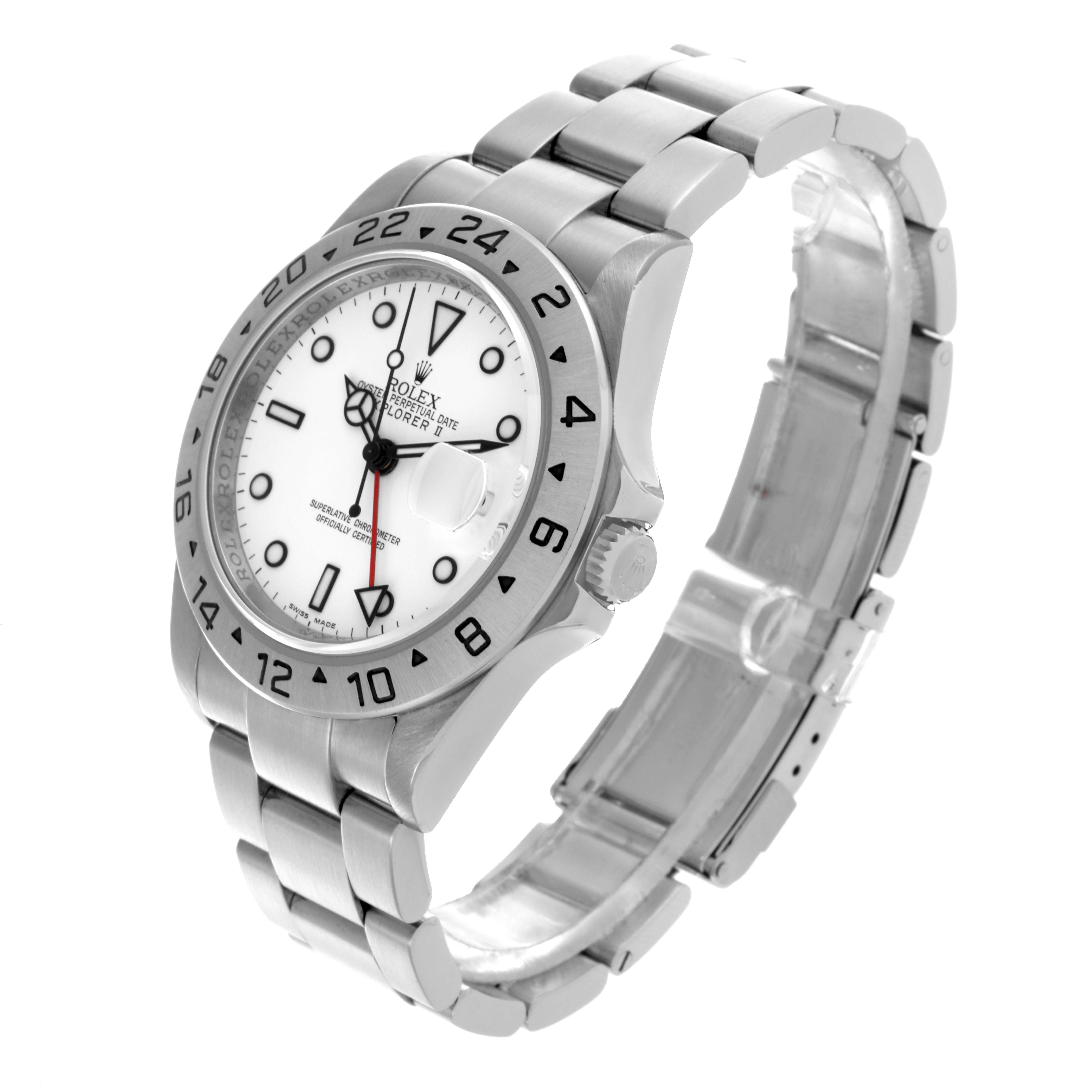 The Rolex Explorer 16570 Men's Stainless Steel White Dial 16570 Men's Stainless Steel White Dial model is shown at a slight side angle, displaying the face, bezel, and bracelet.