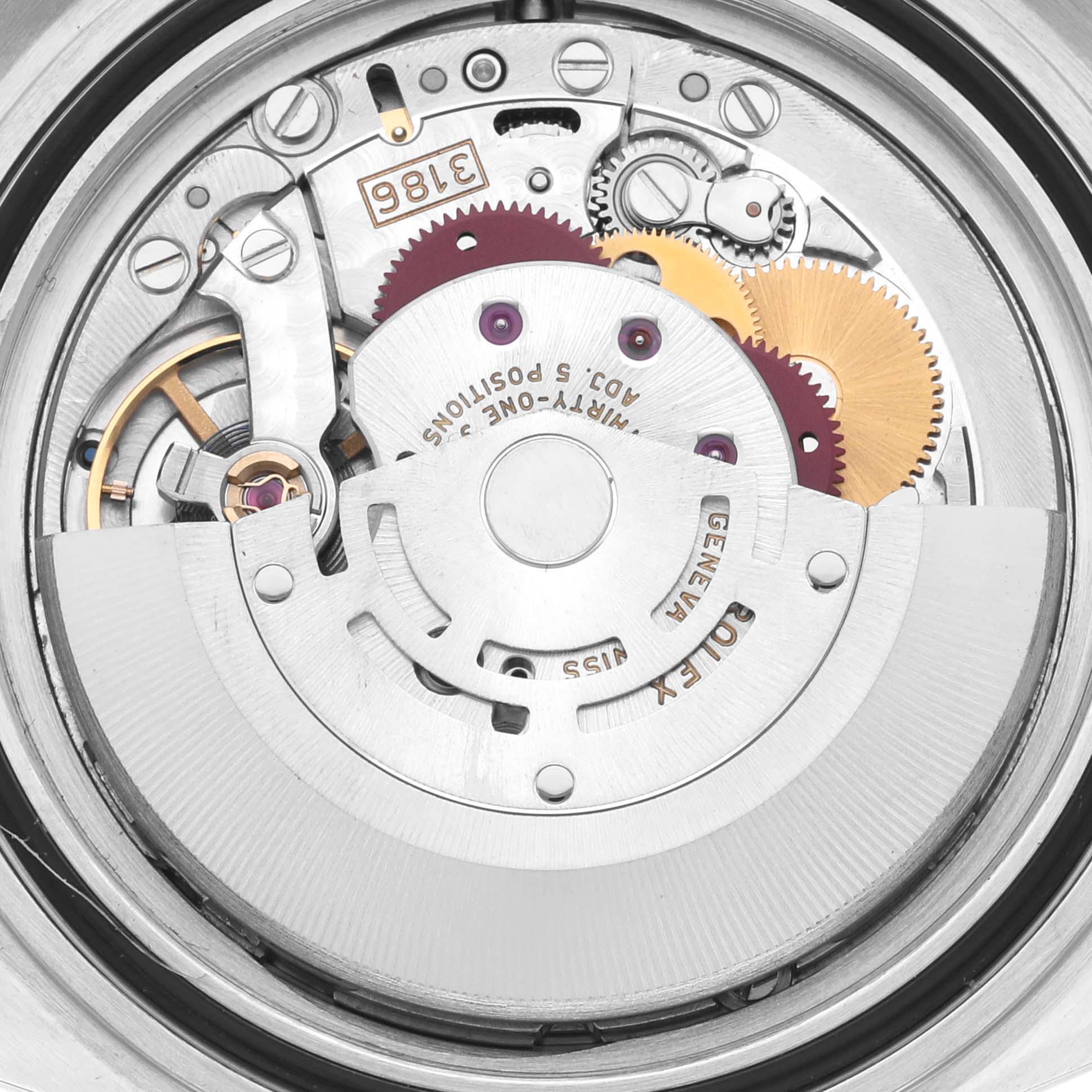 The image shows the intricate movement of a Rolex Explorer 16570 Men's Stainless Steel White Dial 16570 Men's Stainless Steel White Dial watch viewed from the back.