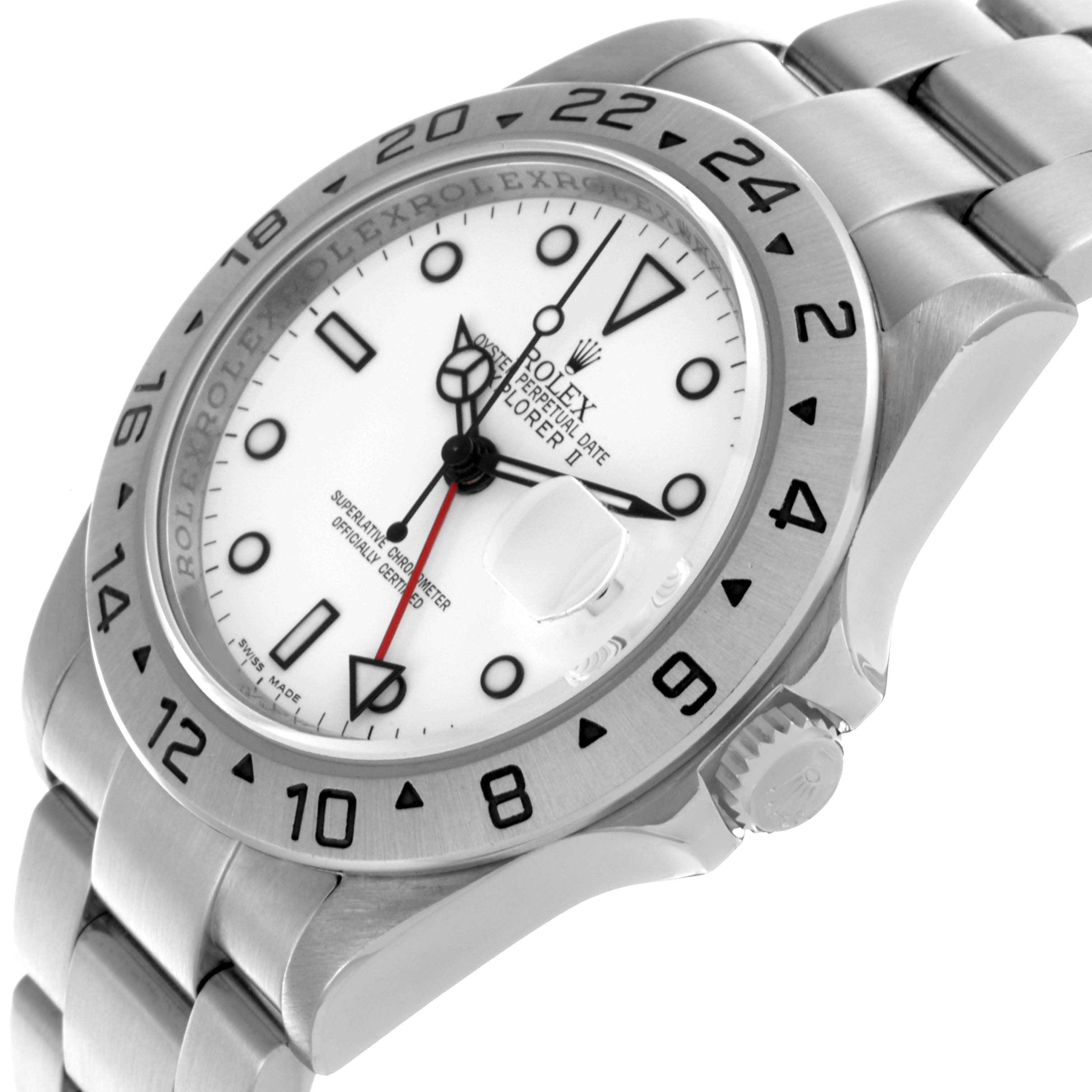 The Rolex Explorer 16570 Men's Stainless Steel White Dial 16570 Men's Stainless Steel White Dial model is shown from a side angle, highlighting the dial, bezel, crown, and bracelet.