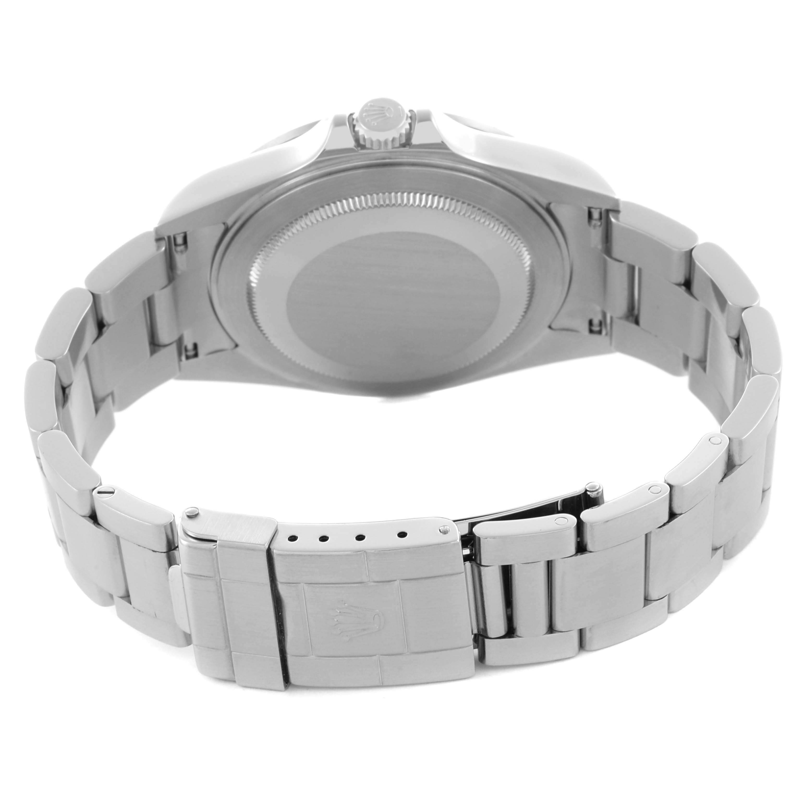 The image shows the back view of a Rolex Explorer 16570 Men's Stainless Steel White Dial 16570 Men's Stainless Steel White Dial watch, highlighting the case back and bracelet clasp.