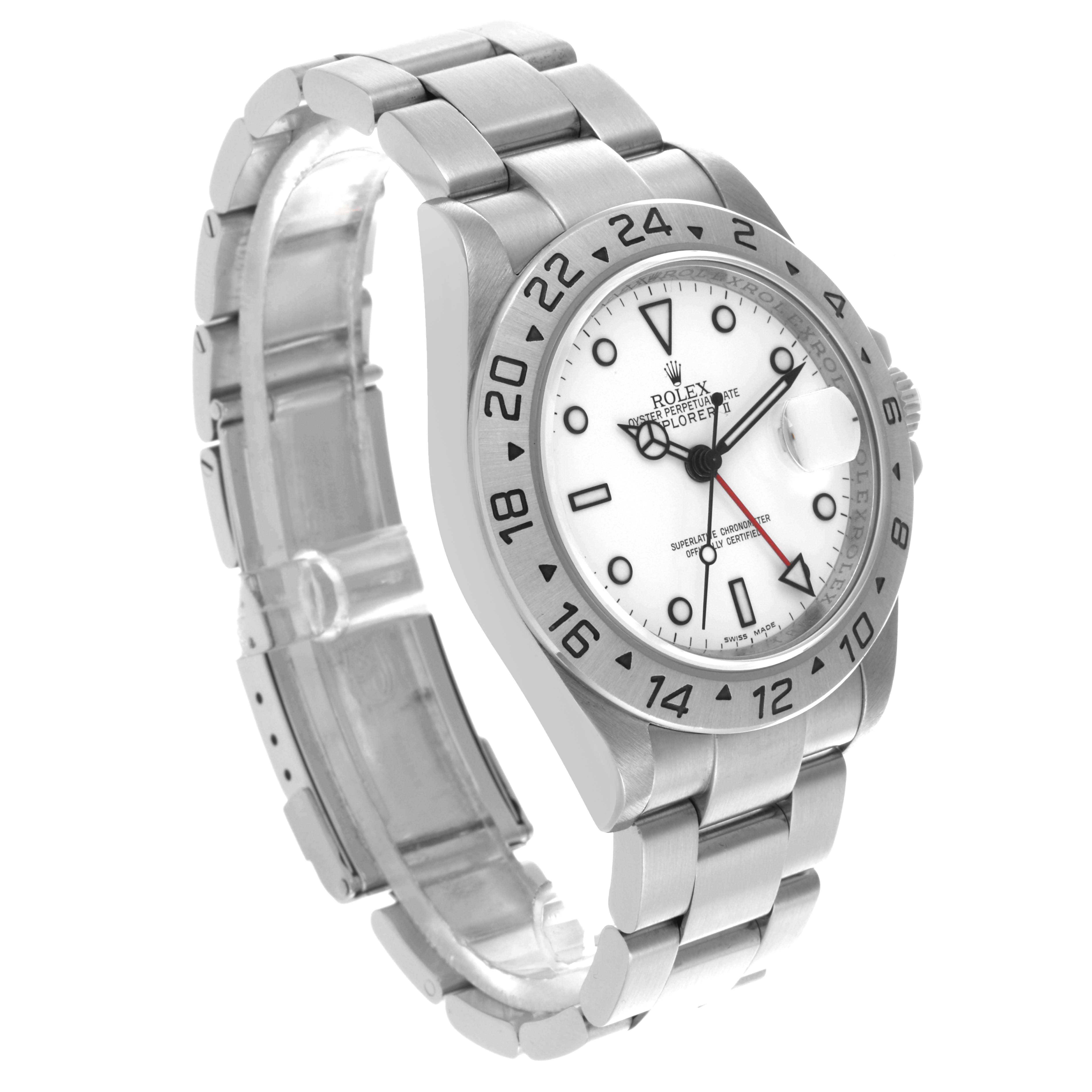 The Rolex Explorer 16570 Men's Stainless Steel White Dial 16570 Men's Stainless Steel White Dial watch is shown at a front-left angle, highlighting the bezel, face, and metal bracelet.