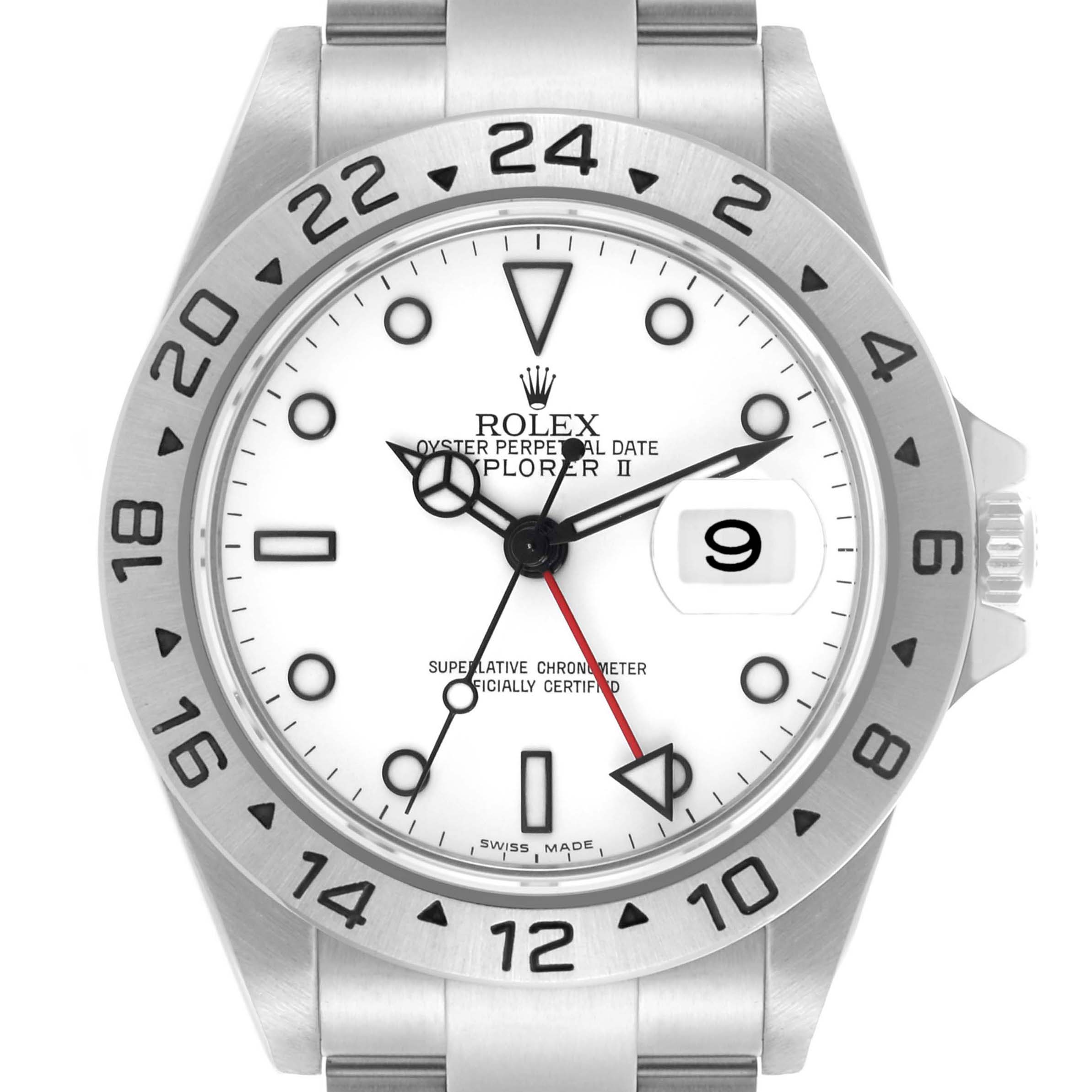The Rolex Explorer 16570 Men's Stainless Steel White Dial 16570 Men's Stainless Steel White Dial watch is shown from a front angle, displaying its face, bezel, hands, and date window clearly.