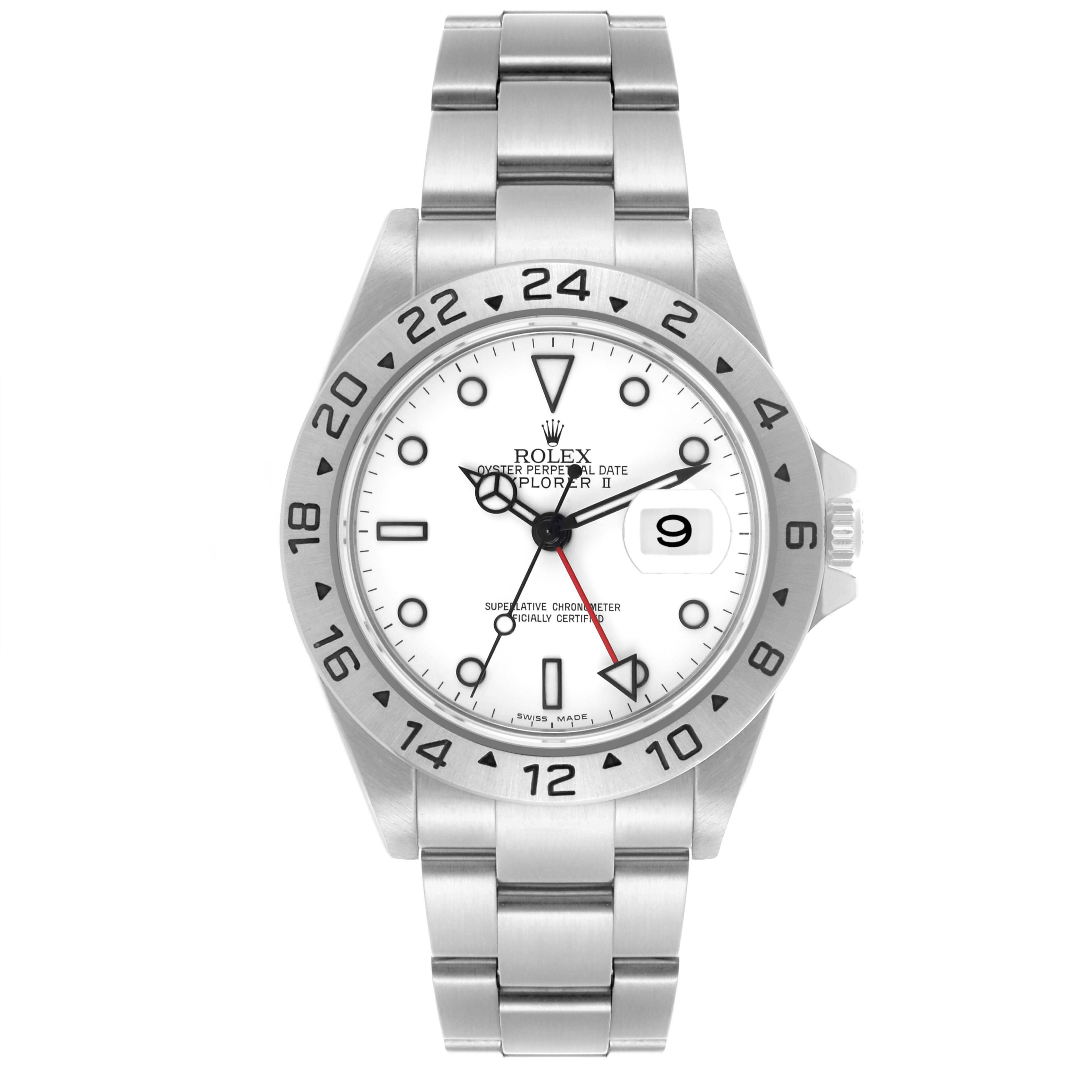 The Rolex Explorer 16570 Men's Stainless Steel White Dial 16570 Men's Stainless Steel White Dial model is shown from a front angle, displaying the dial, bezel, and bracelet.