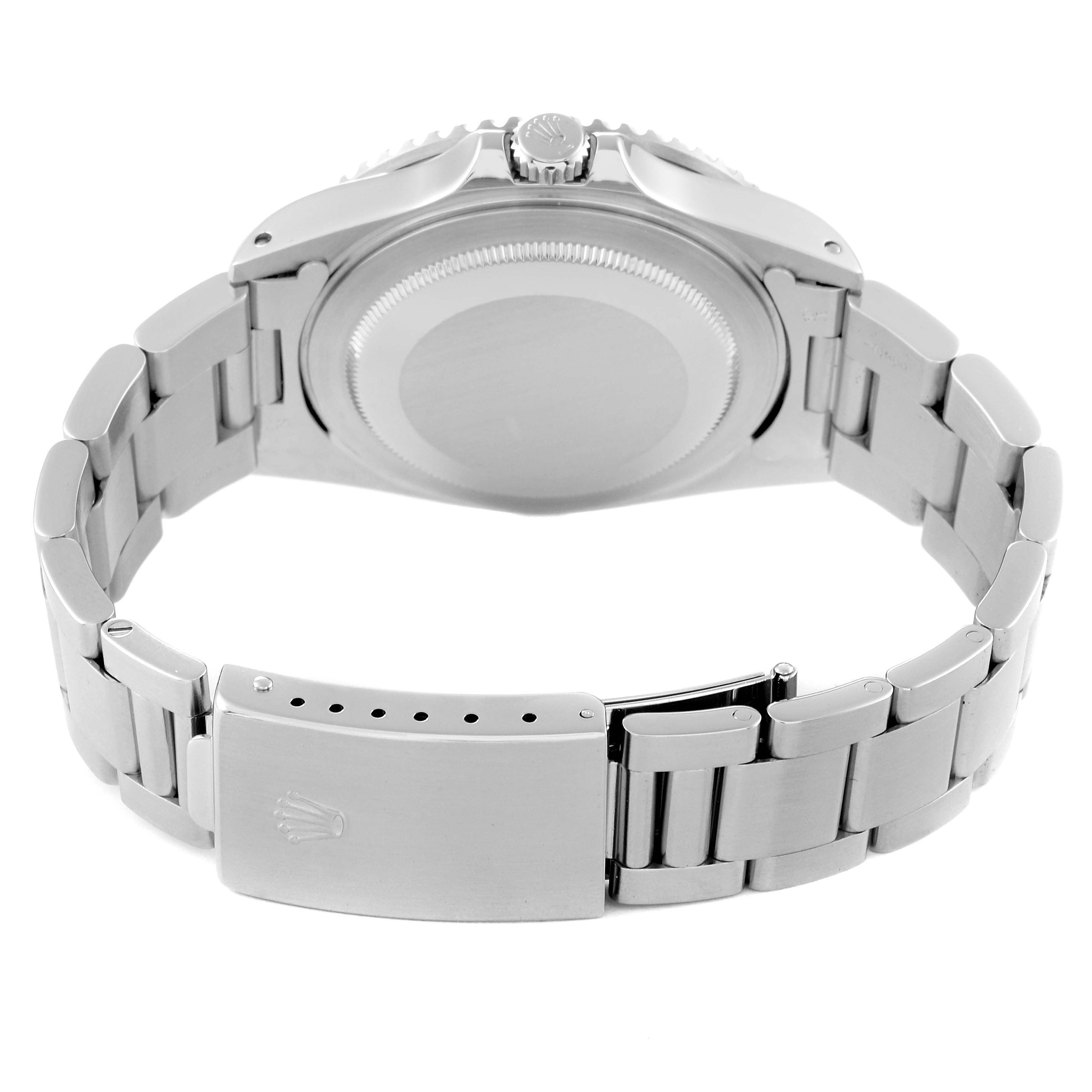 The image shows the back view of the Rolex GMT-Master 16710 Men
s Stainless Steel Black Dial 16710 Men
s Stainless Steel Black Dial watch, highlighting the case back and the bracelet with a clasp.