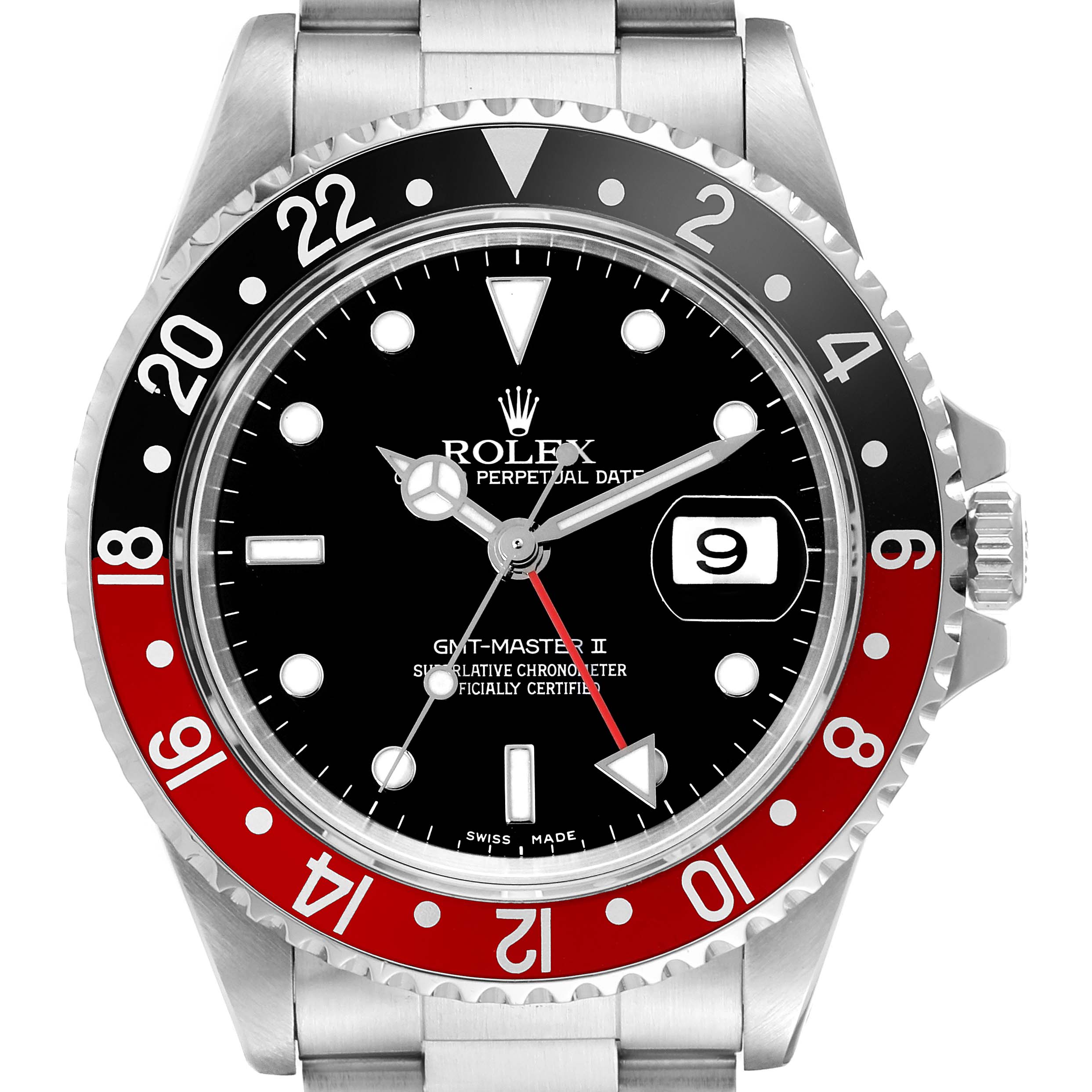 The image shows a front view of the Rolex GMT-Master 16710 Men
s Stainless Steel Black Dial 16710 Men
s Stainless Steel Black Dial II watch, highlighting the bezel, dial, hands, and date window.