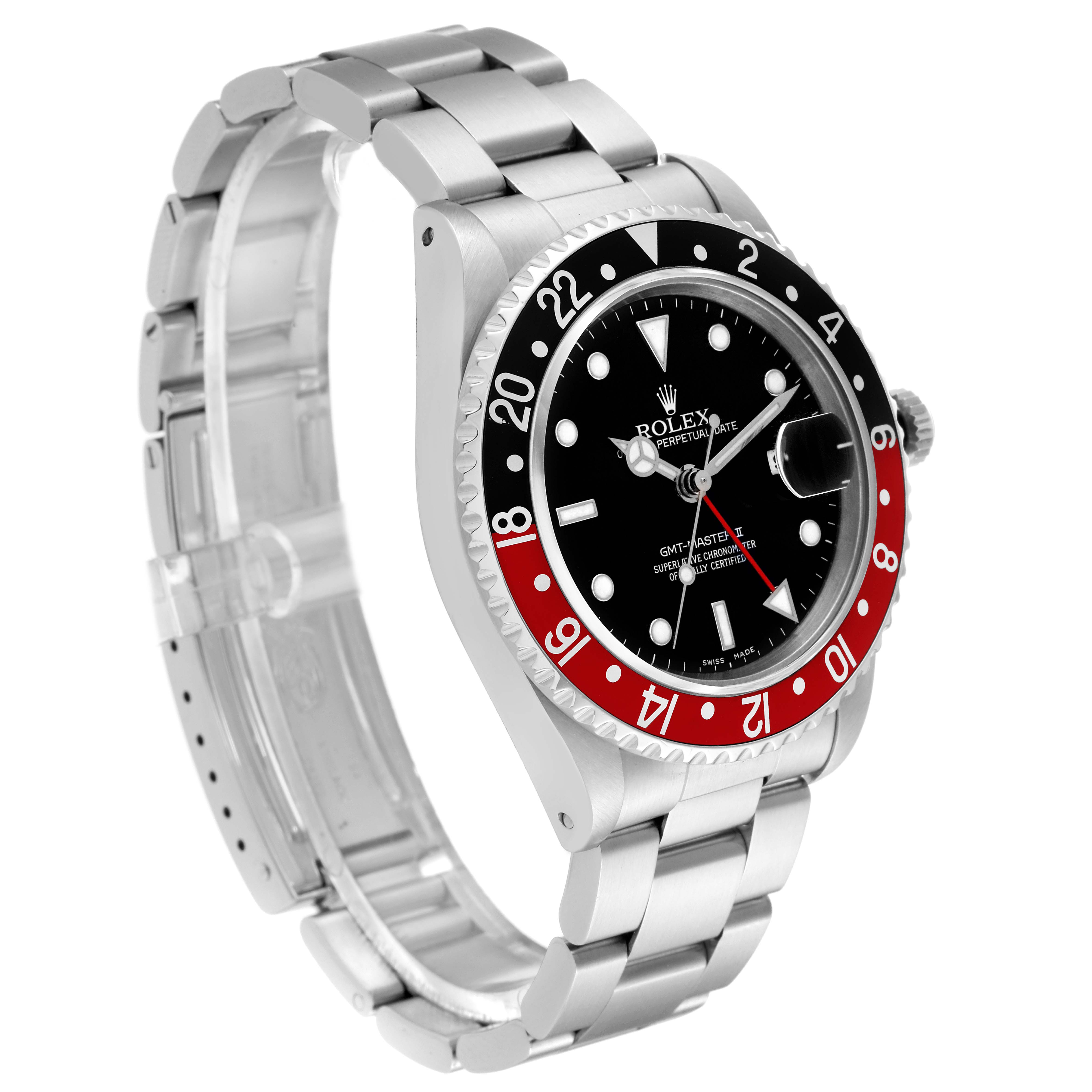 The image shows a Rolex GMT-Master 16710 Men
s Stainless Steel Black Dial 16710 Men
s Stainless Steel Black Dial watch at an angled view featuring the bezel, dial, and bracelet.