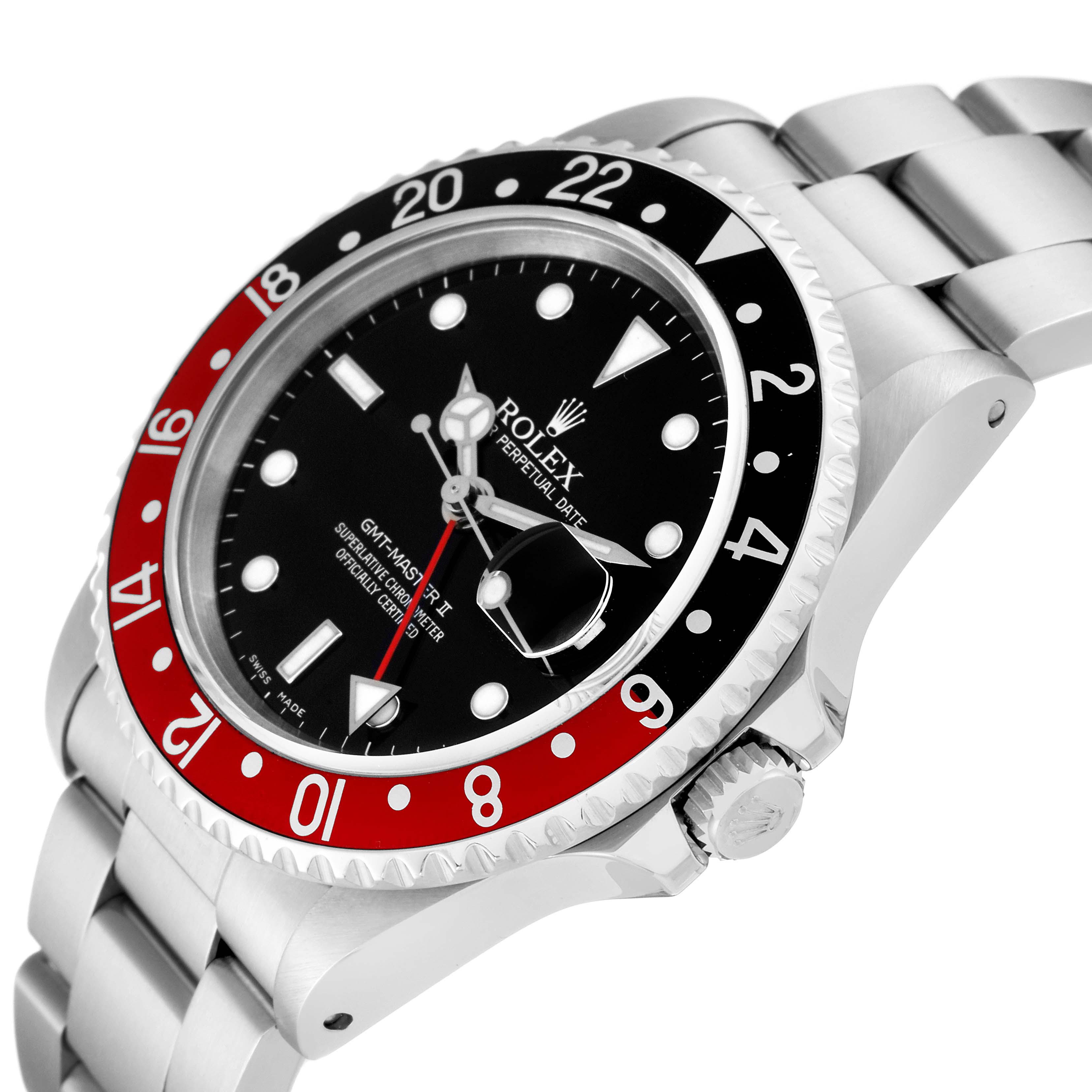 The image shows a side-angle view of a Rolex GMT-Master 16710 Men
s Stainless Steel Black Dial 16710 Men
s Stainless Steel Black Dial watch featuring the bezel, dial, and part of the bracelet.