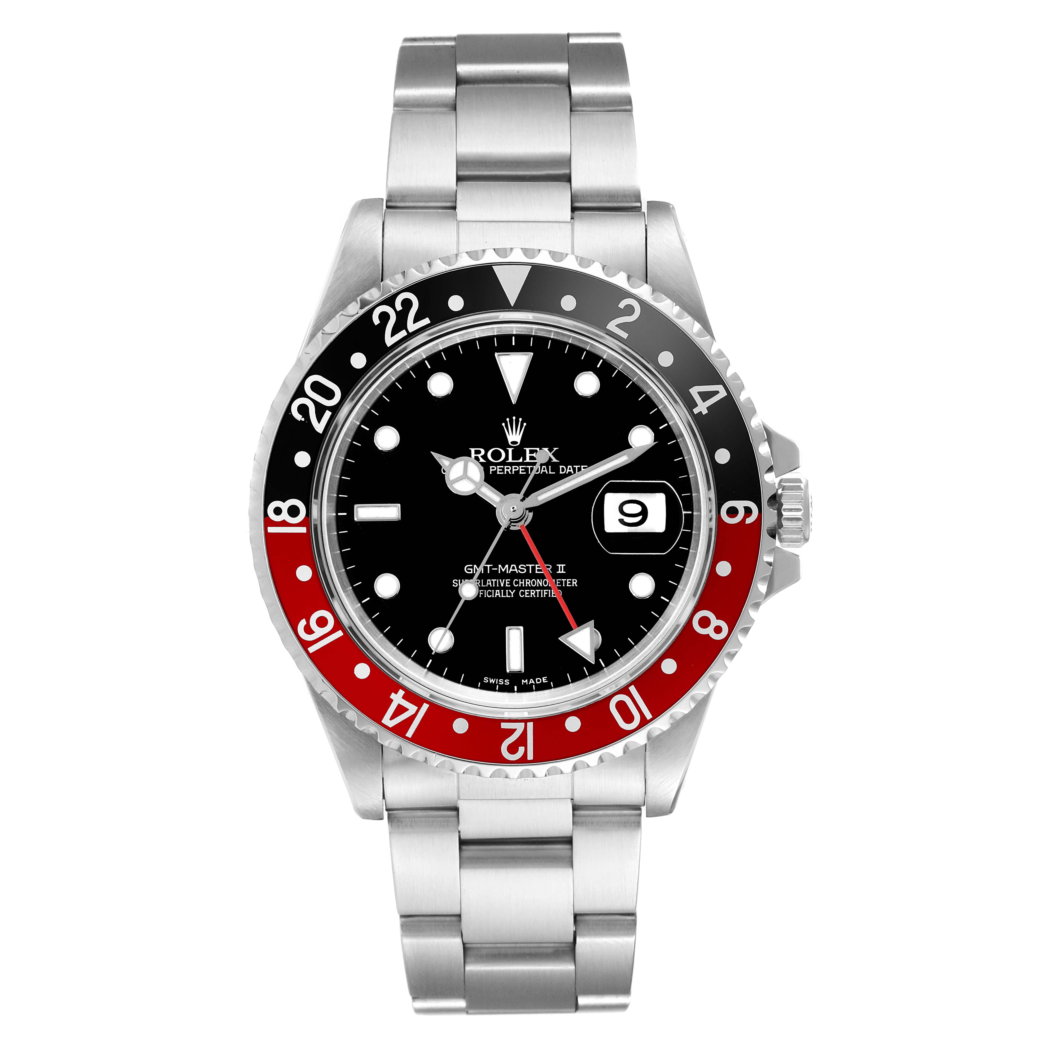 The image shows a front view of a Rolex GMT-Master 16710 Men
s Stainless Steel Black Dial 16710 Men
s Stainless Steel Black Dial II watch, featuring the bezel, dial, hands, and stainless steel bracelet.