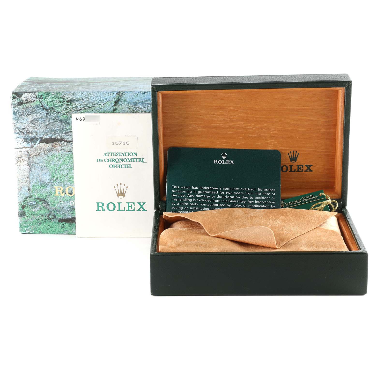 The image shows a Rolex GMT-Master 16710 Men
s Stainless Steel Black Dial 16710 Men
s Stainless Steel Black Dial box set, including the outer box, inner box, official papers, and a warranty card.