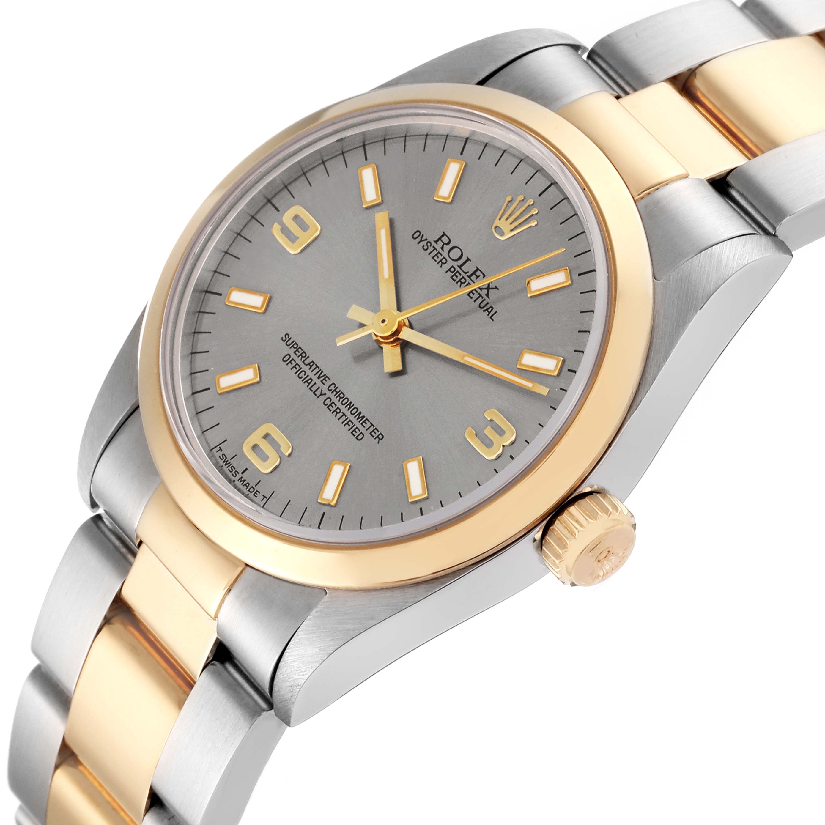 The image shows a side-angle view of the Rolex Mid-Size 67483 Women's Steel and Gold (two tone) Grey Dial 67483 Women's Steel and Gold (two tone) Grey Dial Oyster Perpetual watch, highlighting the crown, bezel, dial, and bracelet.
