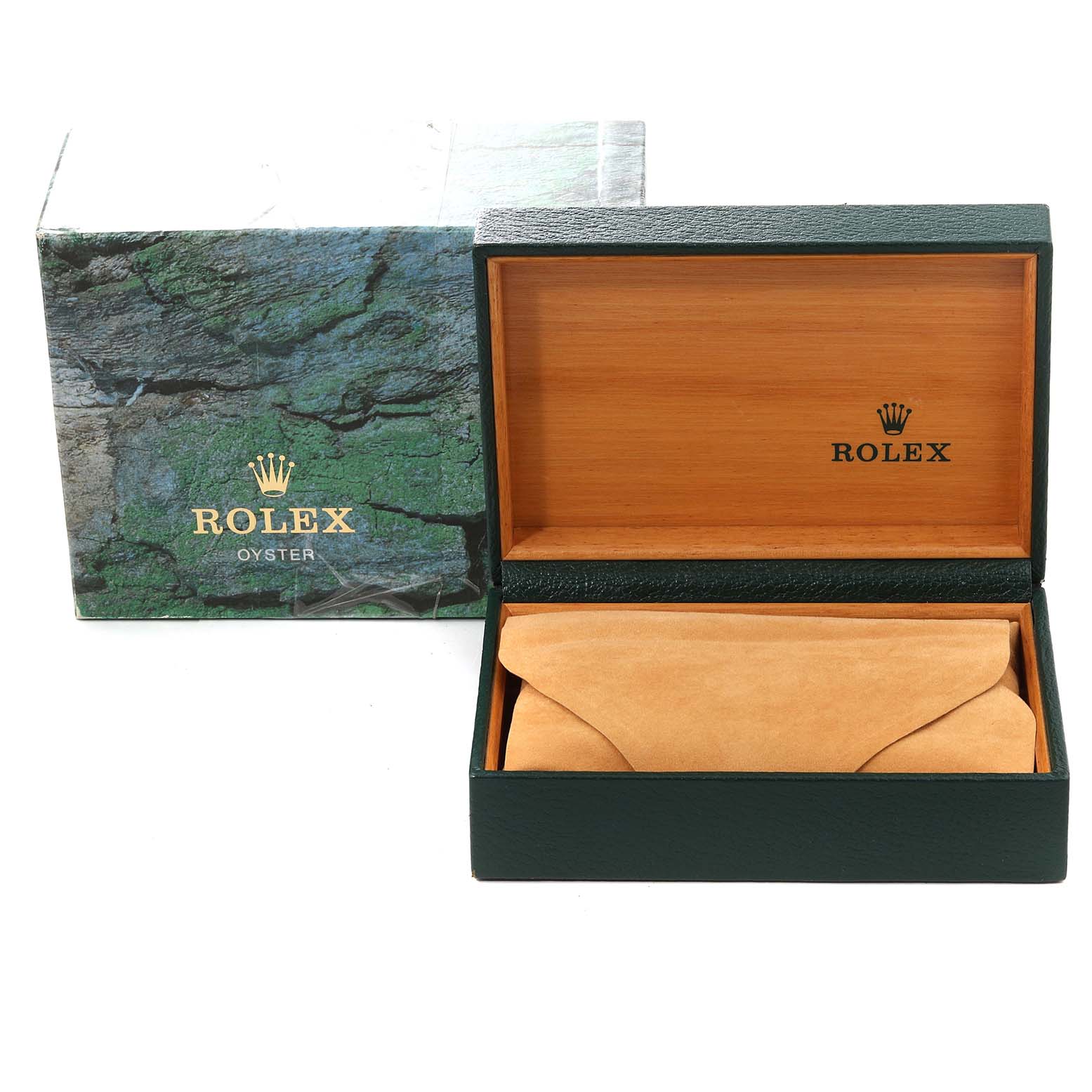 The image shows an open Rolex Oyster watch box with a protective suede pouch inside.