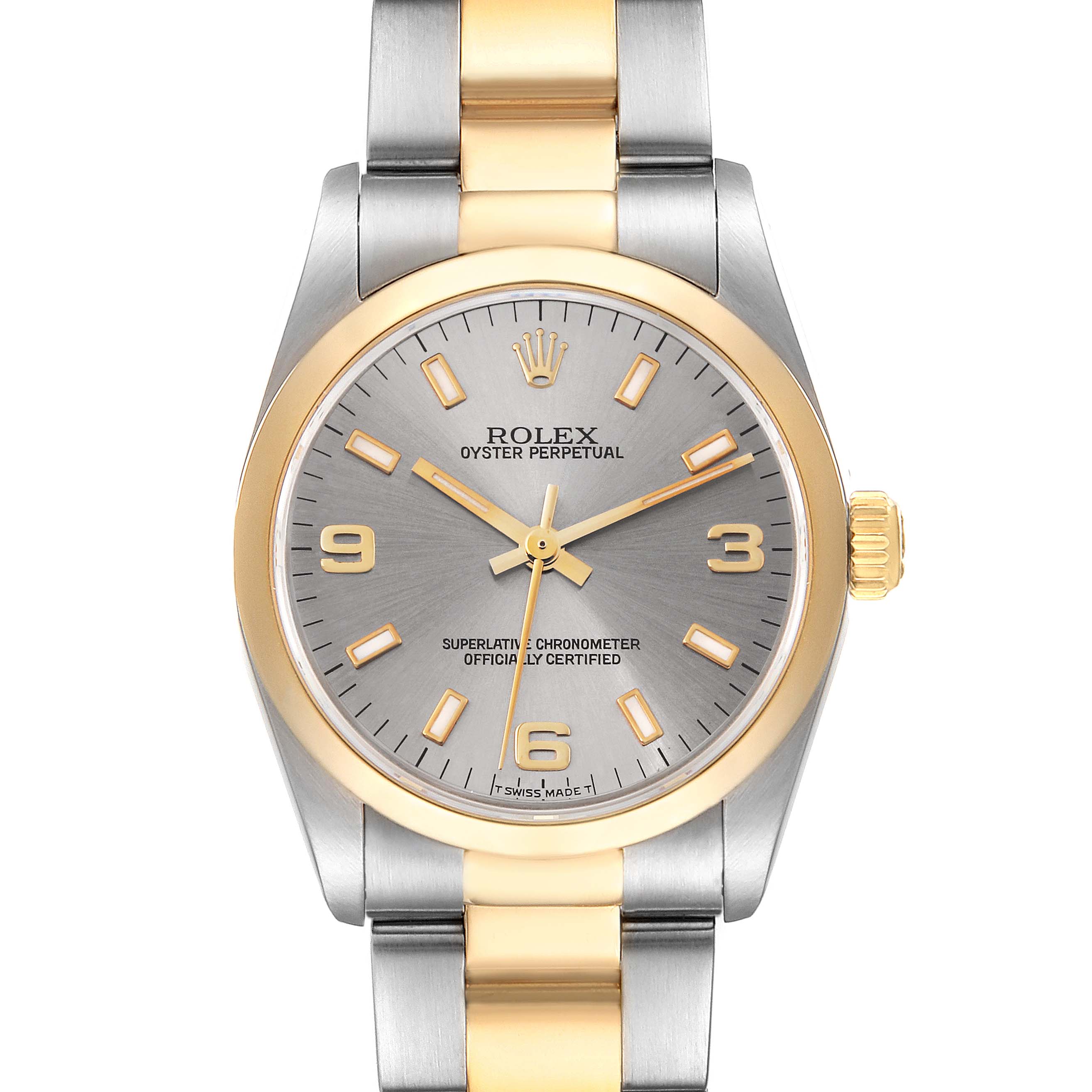 The image shows a frontal view of a Rolex Oyster Perpetual Mid-Size watch, featuring a two-tone bracelet and a gold bezel.