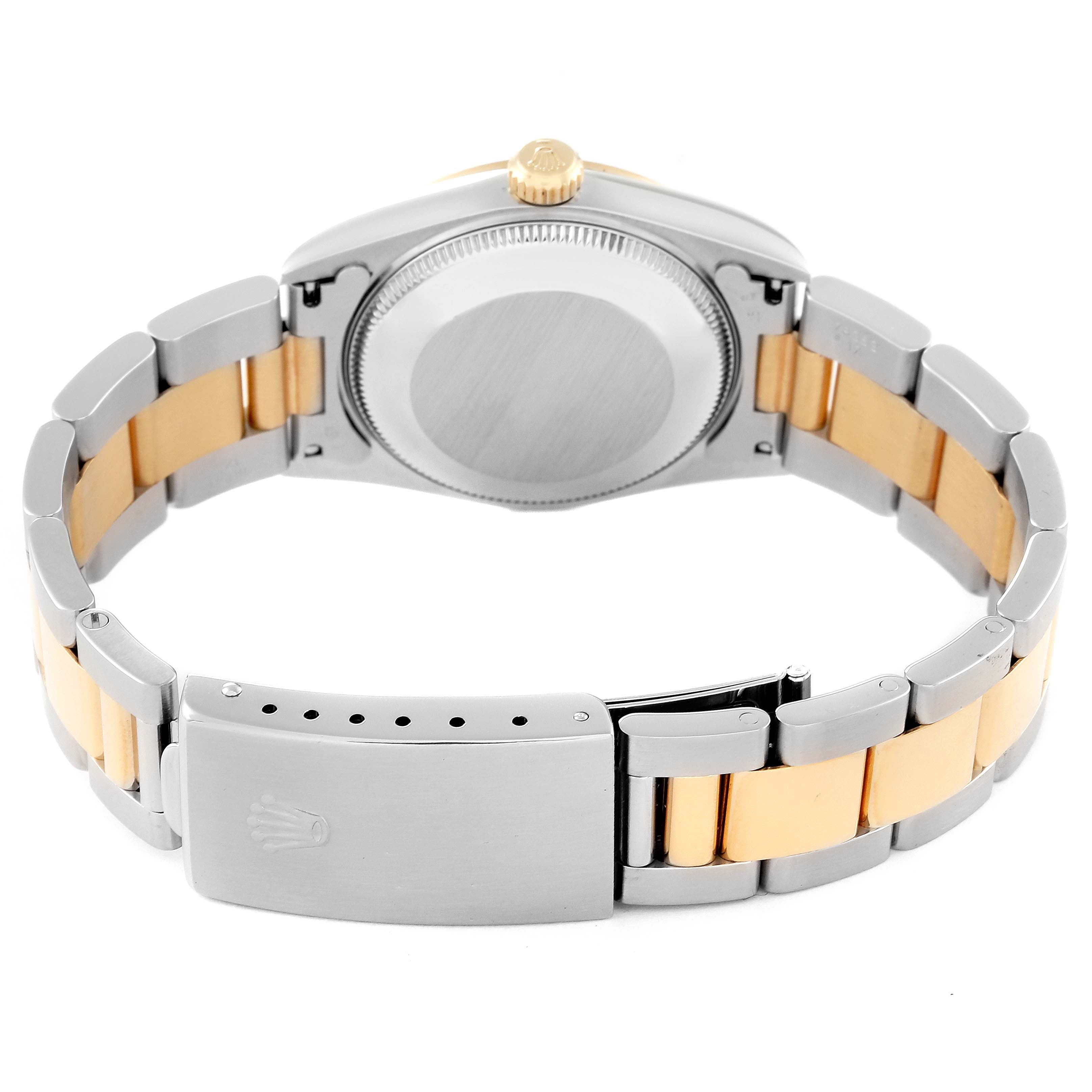 The image shows the back view of a Rolex Mid-Size 67483 Women's Steel and Gold (two tone) Grey Dial 67483 Women's Steel and Gold (two tone) Grey Dial watch, highlighting the case back, bracelet, and clasp.
