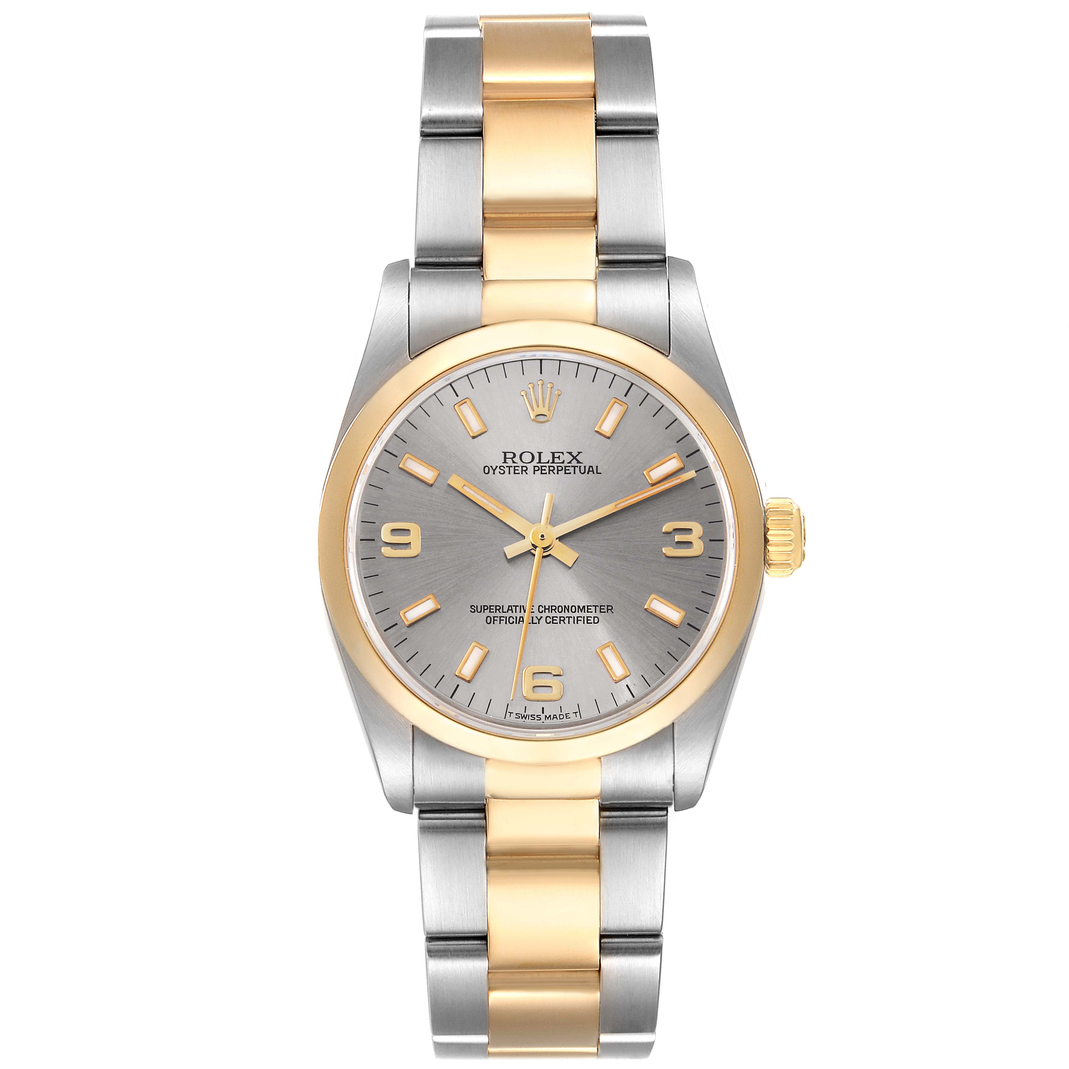 The image shows a front view of a Mid-Size Rolex Oyster Perpetual watch with a two-tone bracelet and a silver dial.
